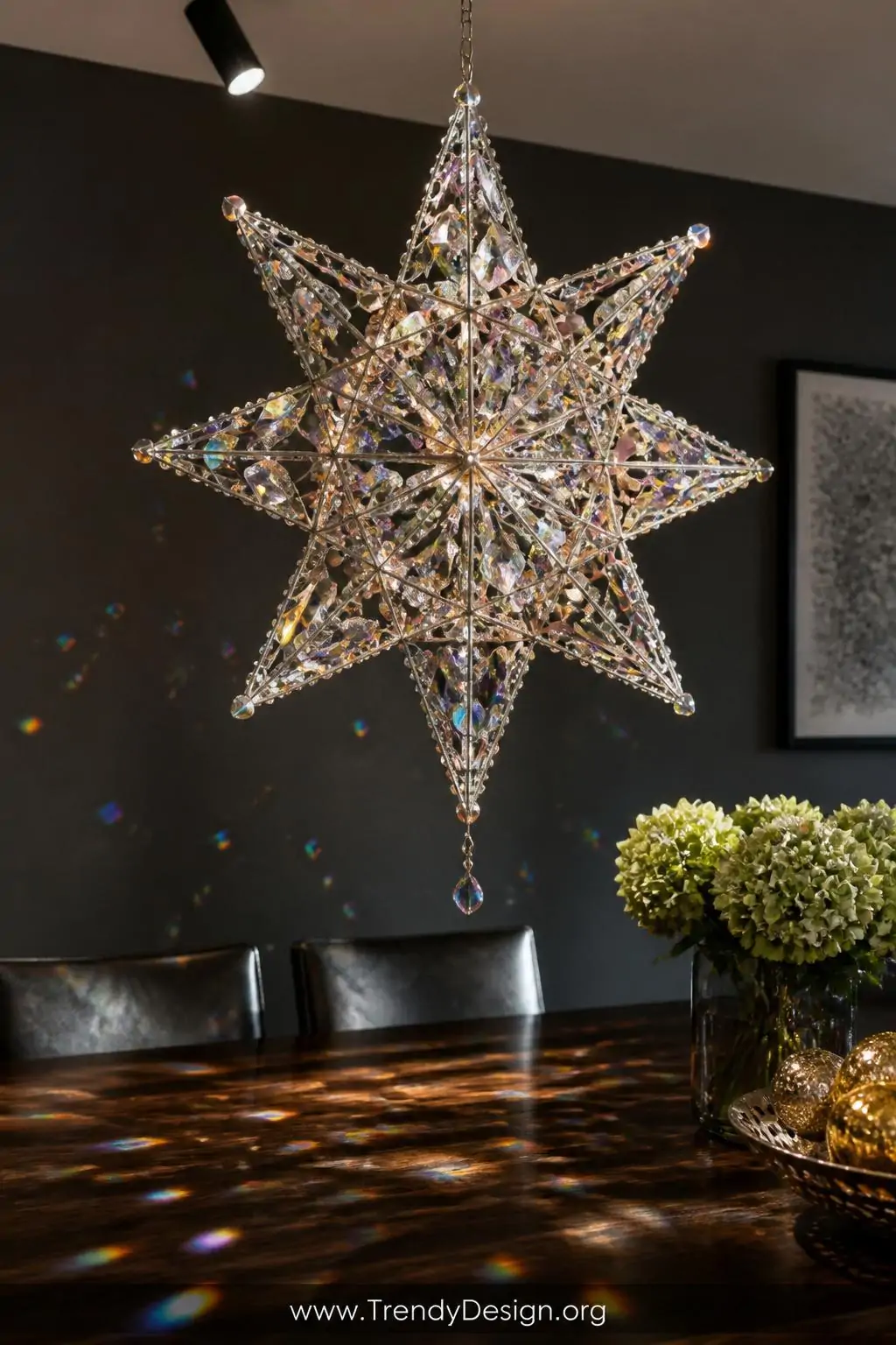A dramatic closeup photorealistic shot of a geometric wire parol suspended above a dark walnut dining table, the delicate cra