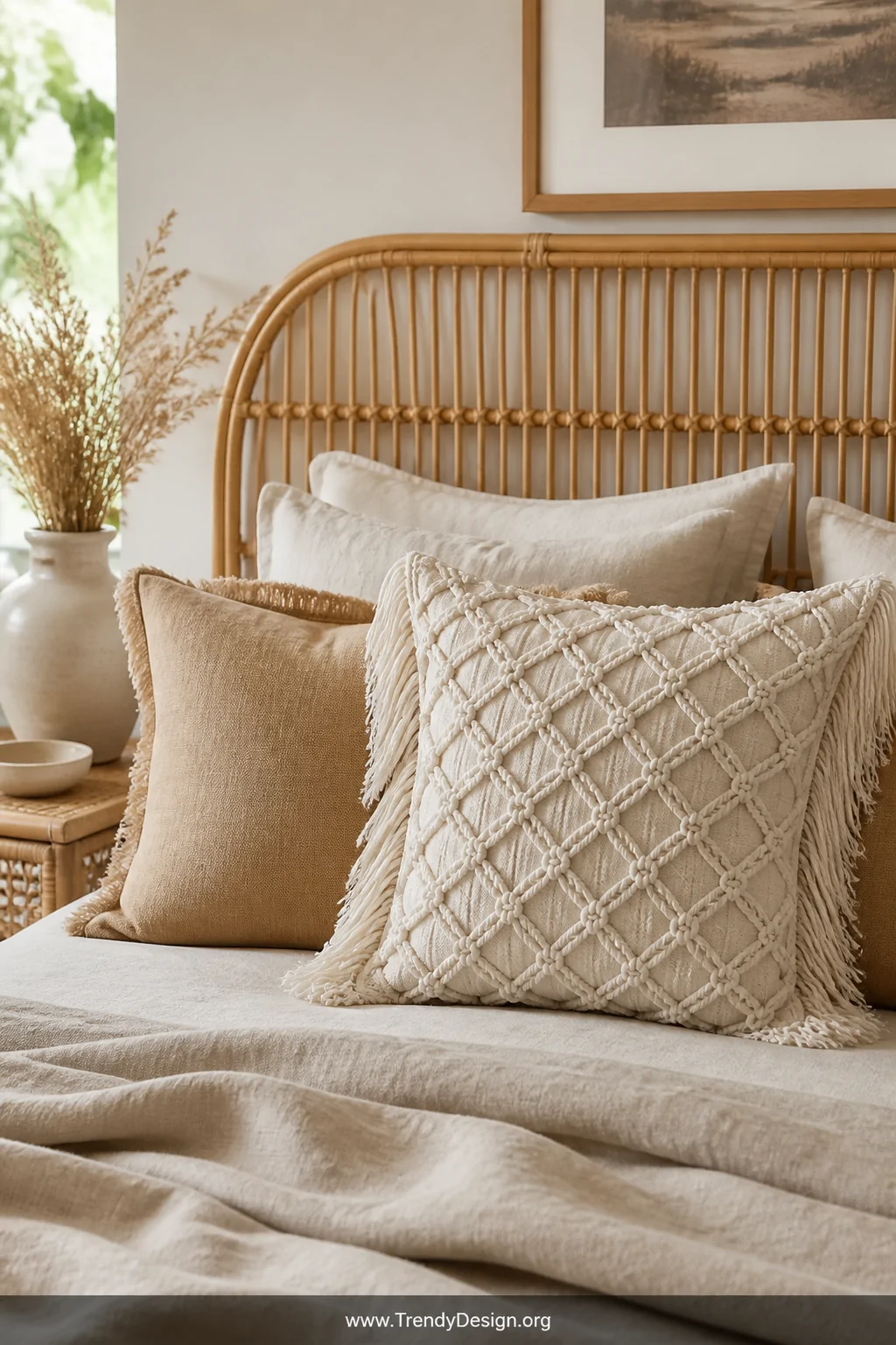 A medium shot of a natural linen bed styled with a macramé-front pillow in off-white cotton rope with square knot detailing a