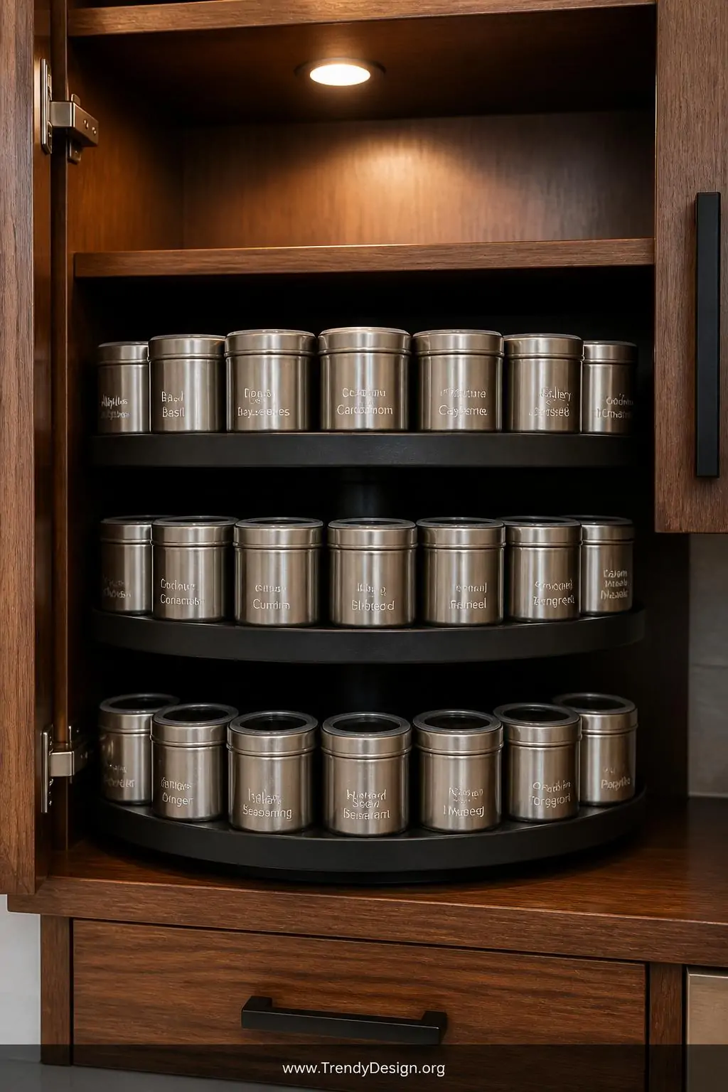 Medium closeup shot of a deep pantry shelf featuring a spinning matte black lazy Susan loaded with uniform magnetic spice tin