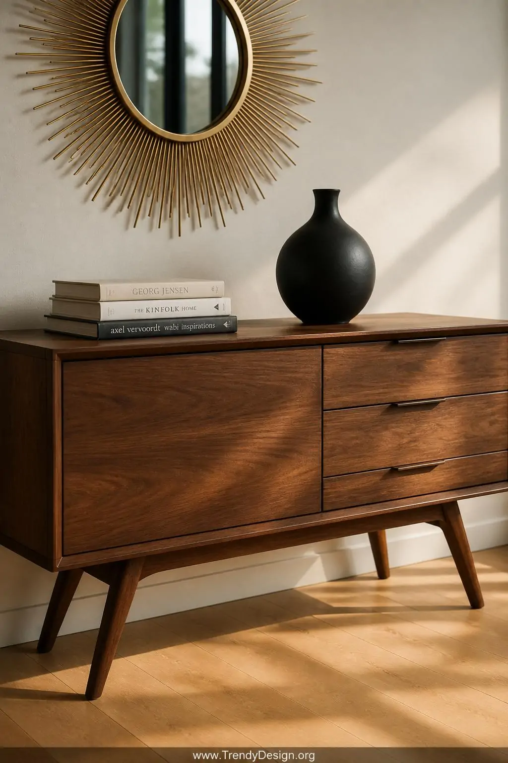 Closeup photorealistic interior detail shot of a sleek walnut credenza on sharply angled tapered legs resting against a warm 