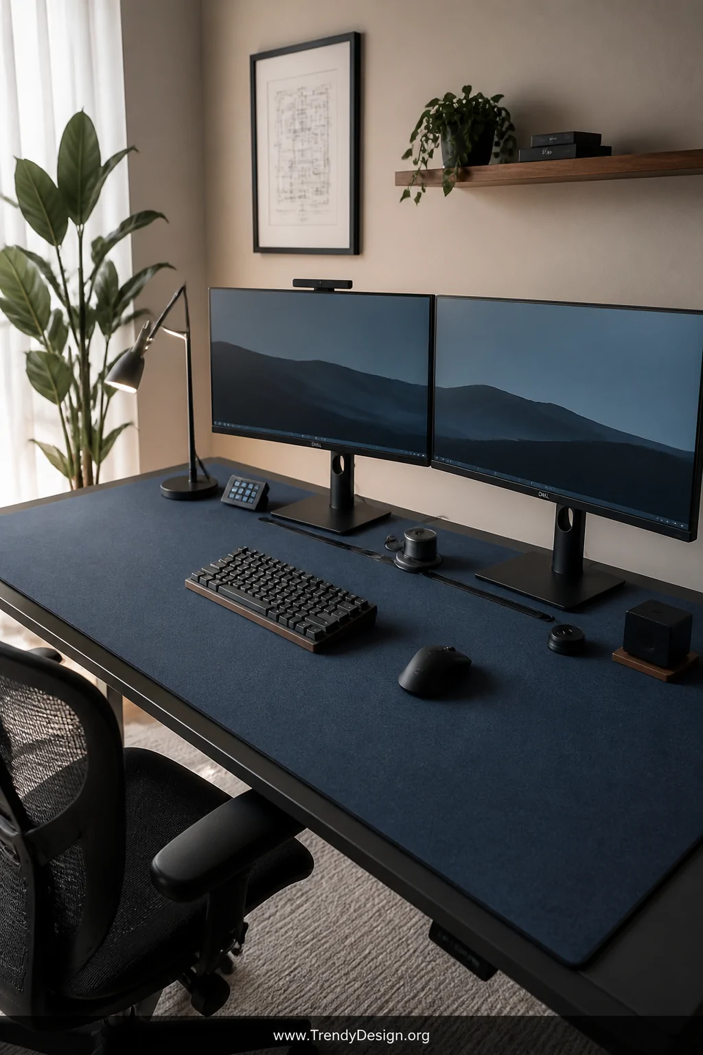 A wide room shot of a modern home office desk completely covered edge-to-edge with a large oversized fabric desk mat in deep 