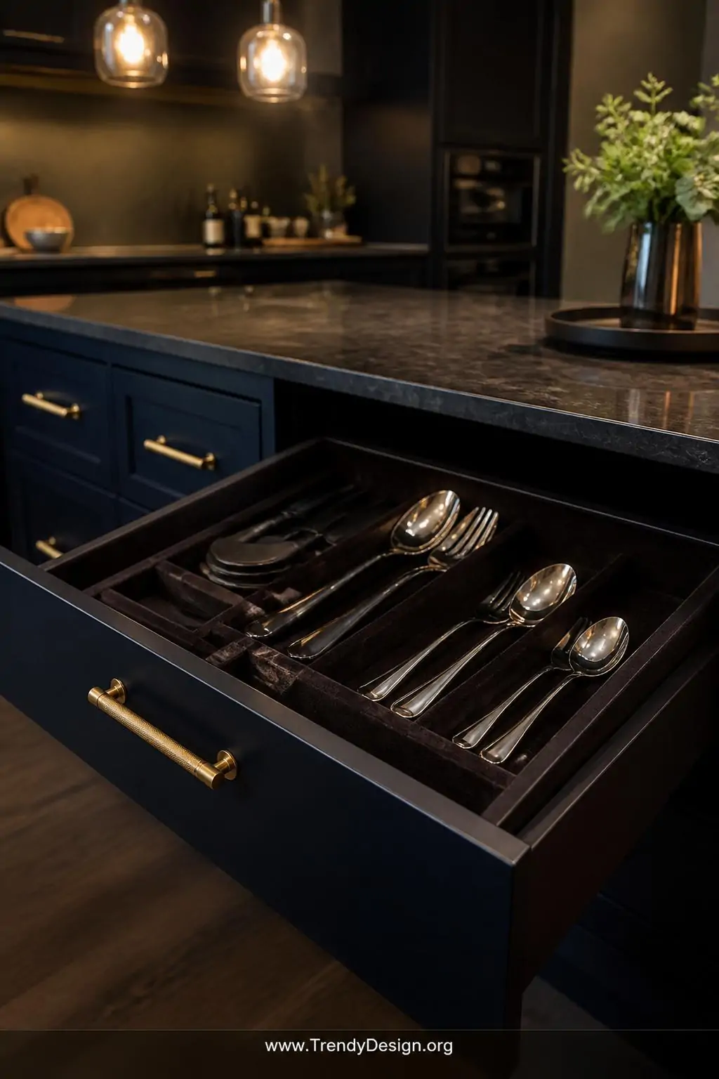 Medium shot of an open kitchen drawer lined in deep charcoal velvet revealing perfectly nestled matte black utensils and poli