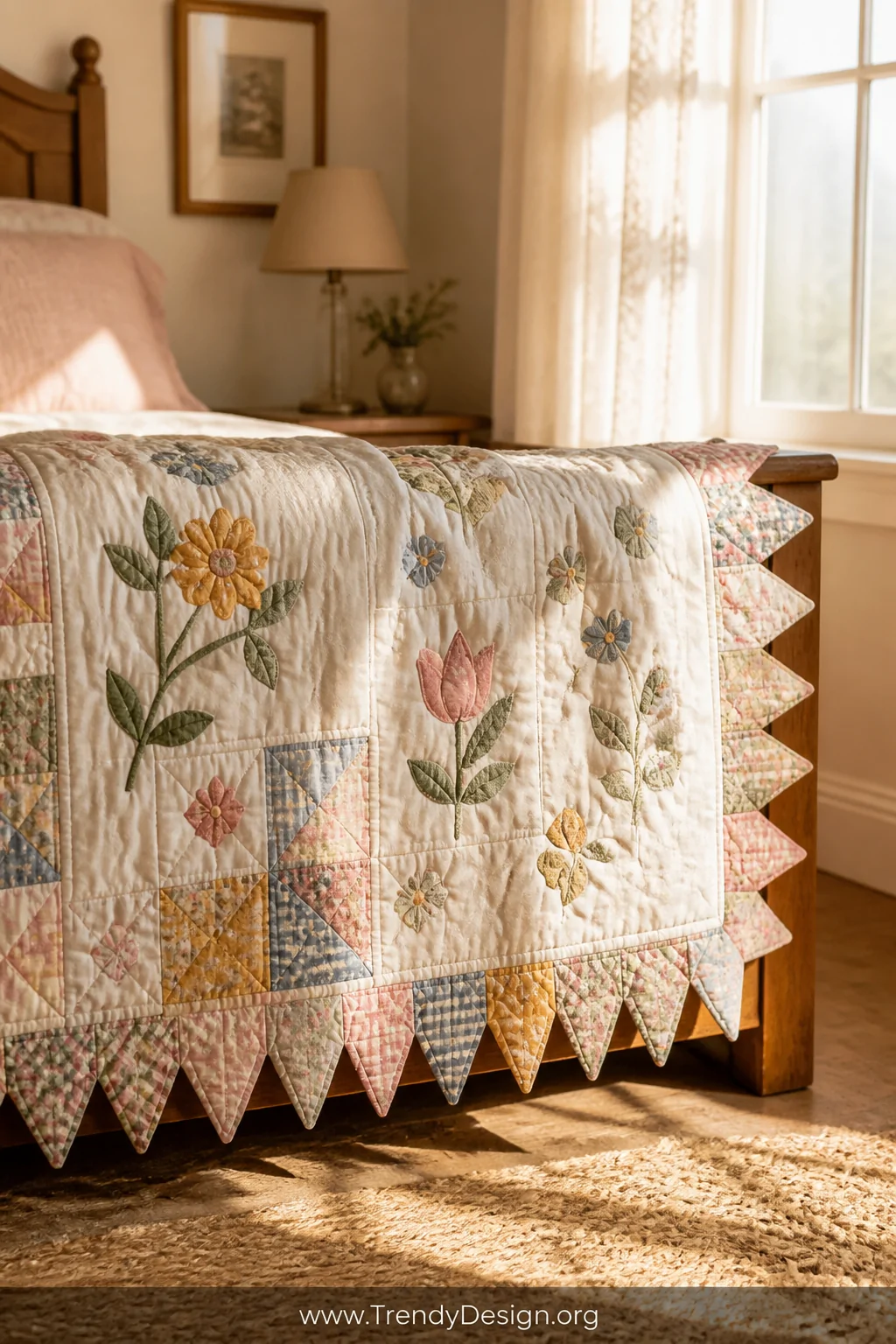 Medium shot of a folk-art style quilt draped over a cottage bedroom footboard, its edges adorned with dimensional prairie poi