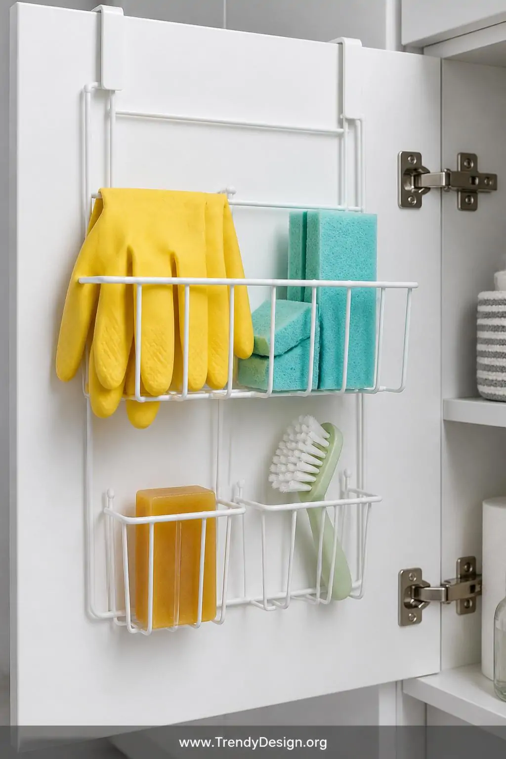A closeup photorealistic interior shot of a white cabinet door interior fitted with a slim white wire over-the-door organizer
