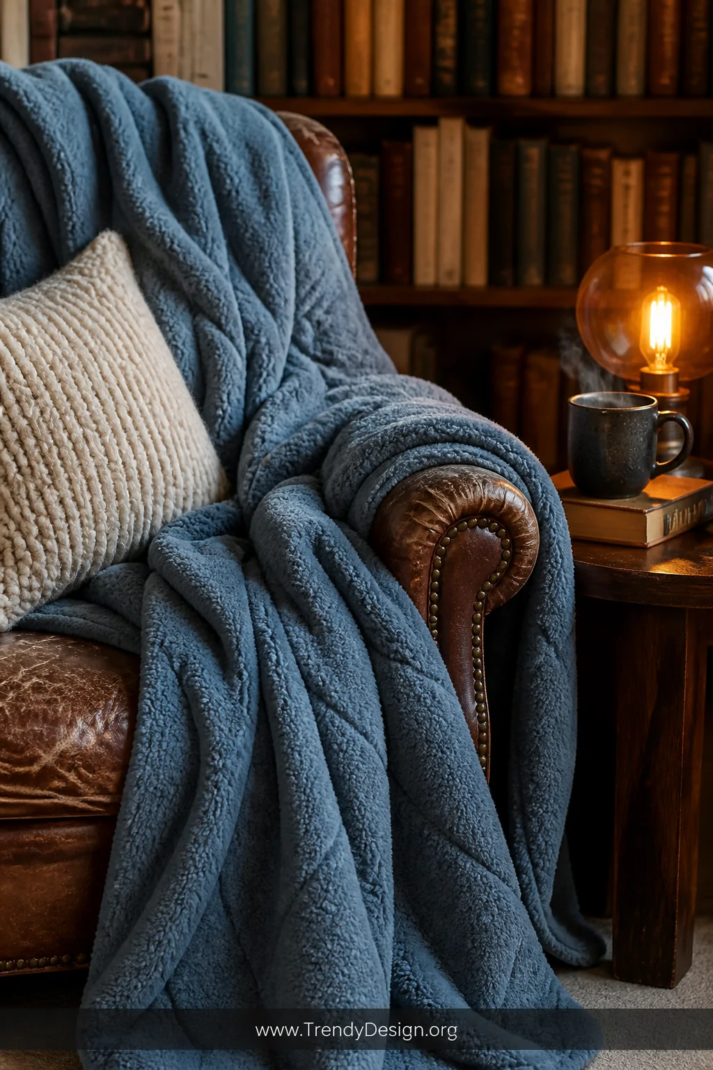 Closeup detail shot of a cozy reading nook corner featuring a generously oversized dusty blue fleece quilt pooling softly ove
