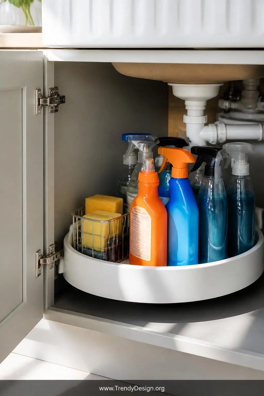 A medium shot beneath a white farmhouse sink cabinet reveals a sleek white lazy Susan with a raised lip holding upright orang