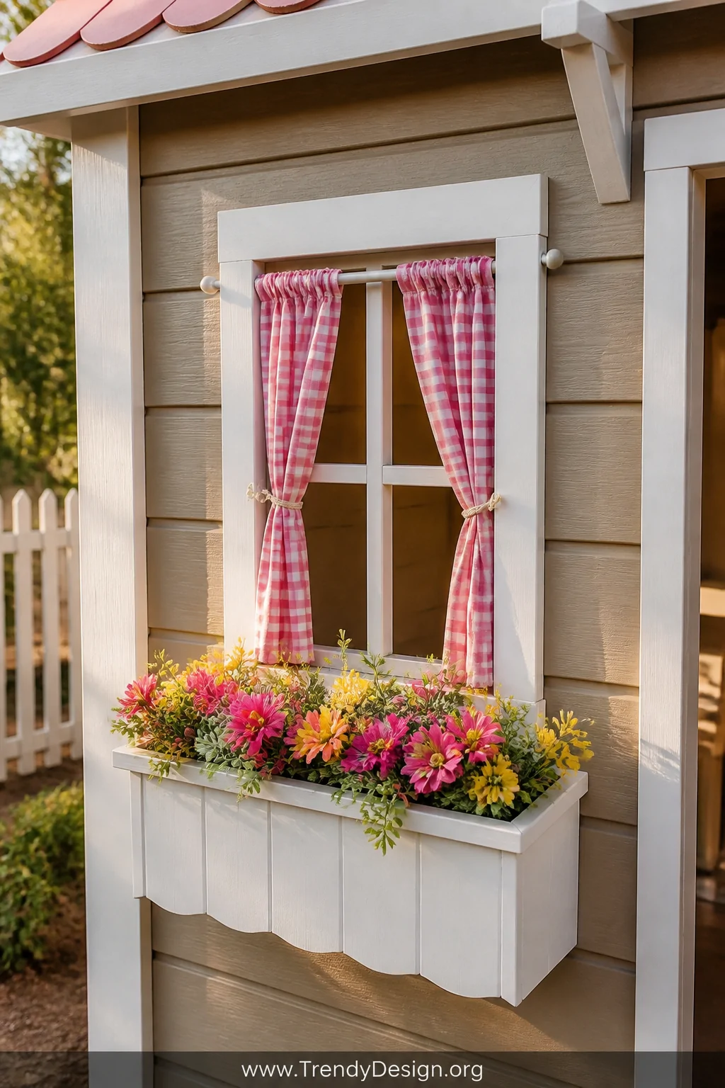Medium exterior shot of a playhouse window dressed with tiny gingham curtains hung on a petite tension rod, paired with a whi