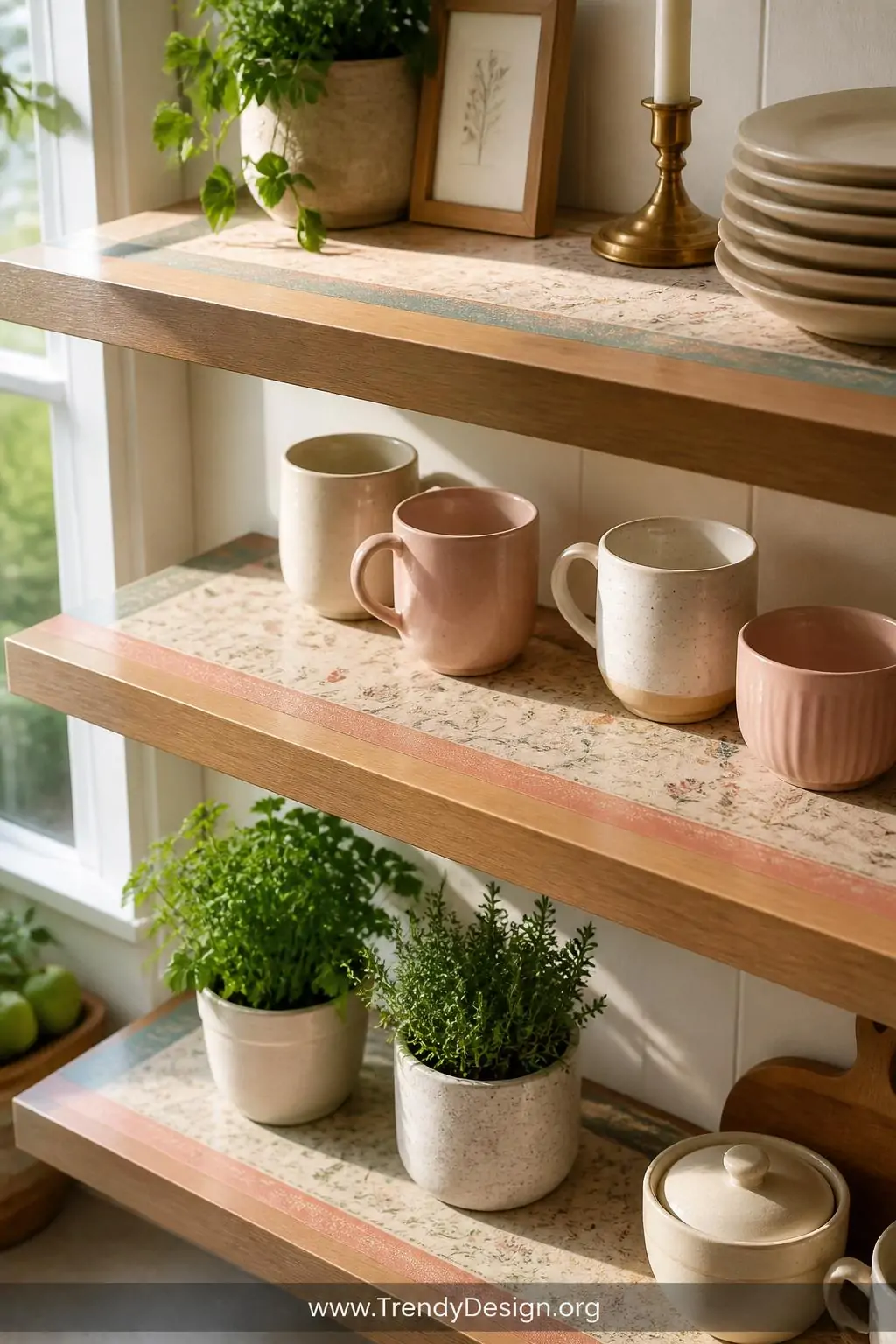 Medium photorealistic shot of open floating kitchen shelves lined with charming vintage botanical-print decorative paper bord