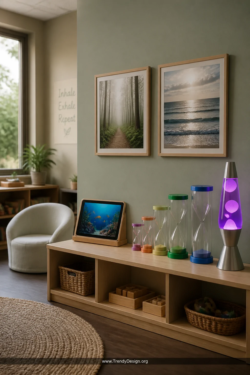 Wide photorealistic interior shot of a soft classroom corner with a glowing purple lava lamp on a low shelf, a collection of 