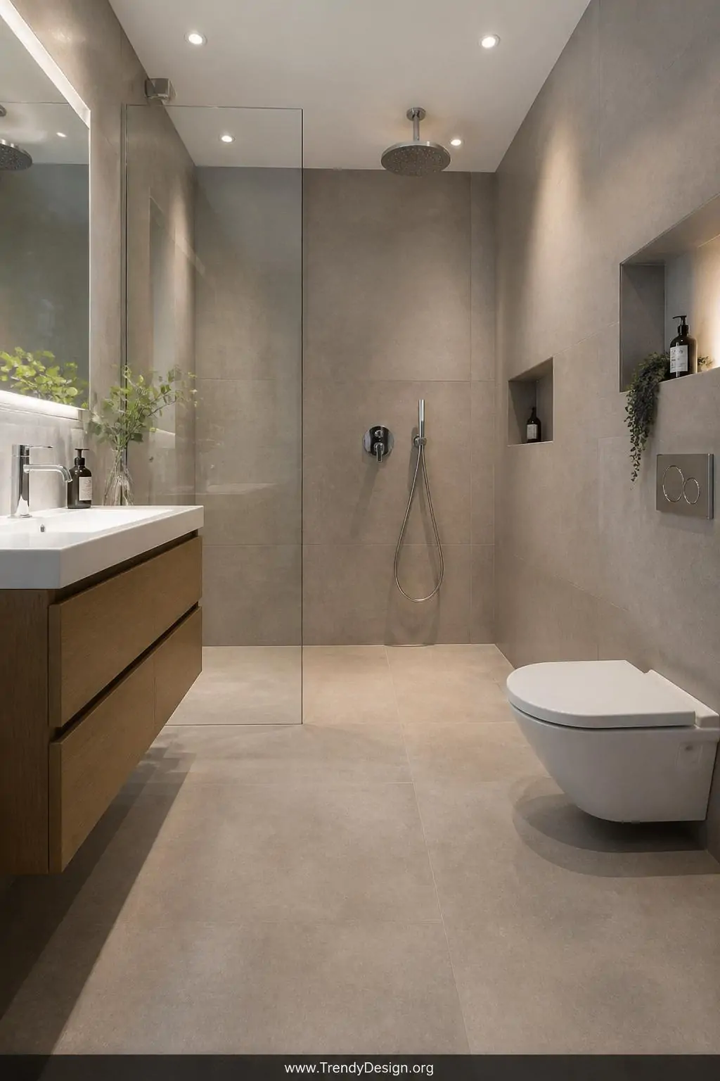 Wide-angle photorealistic interior design shot of a sleek small wet-room bathroom where the same large-format warm gray porce