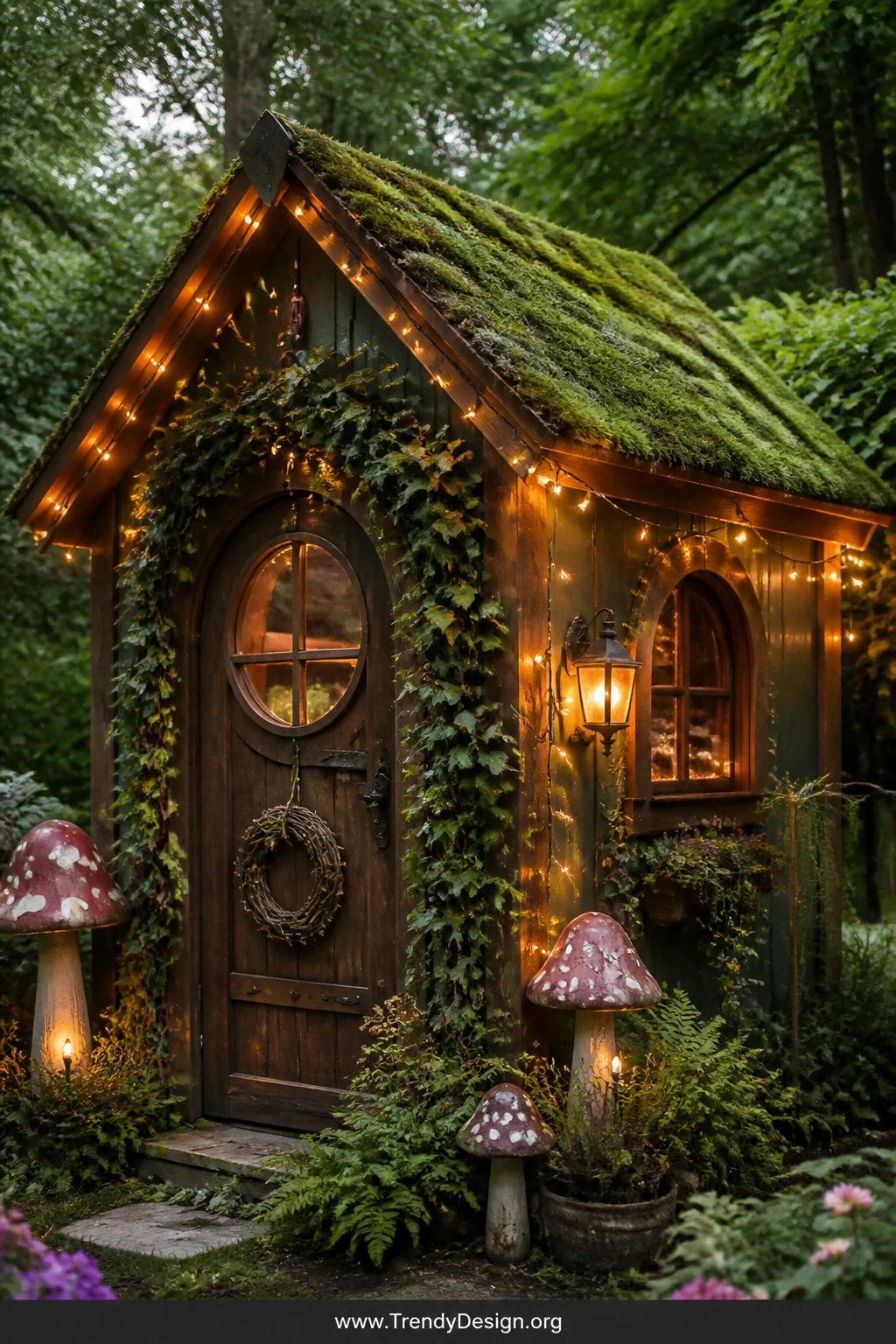 Medium exterior shot of an enchanted forest playhouse shed covered in lush artificial moss, faux ivy vines wrapping the door 