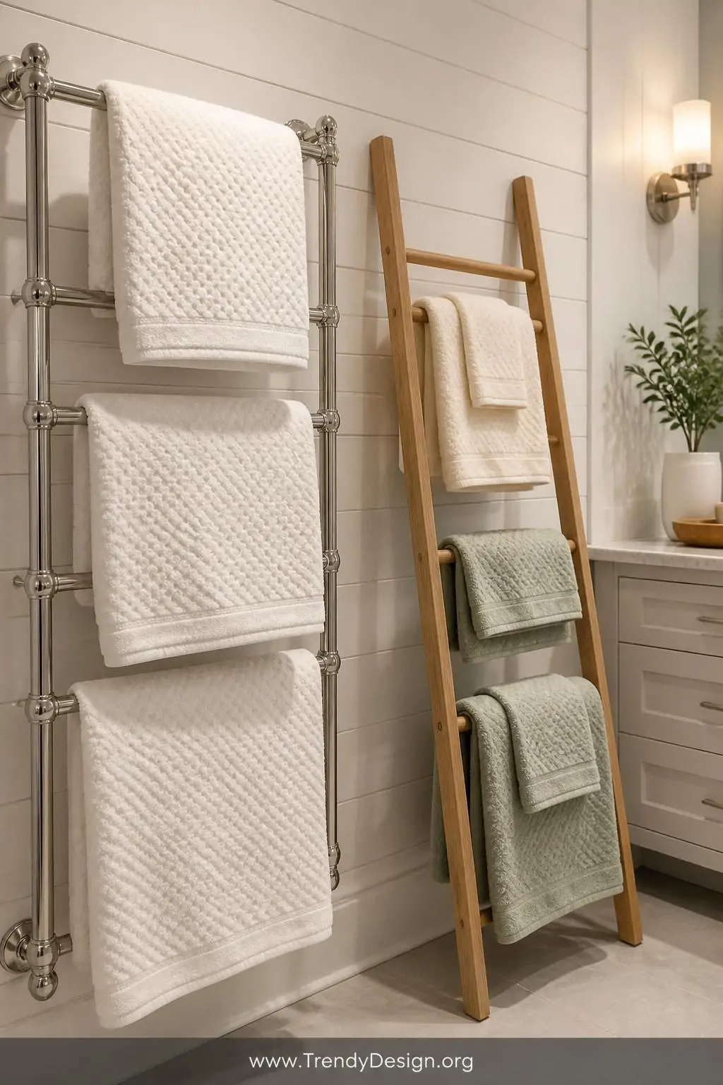 A photorealistic medium-shot bathroom corner anchored by a polished chrome heated towel rack holding three oversized plush wh