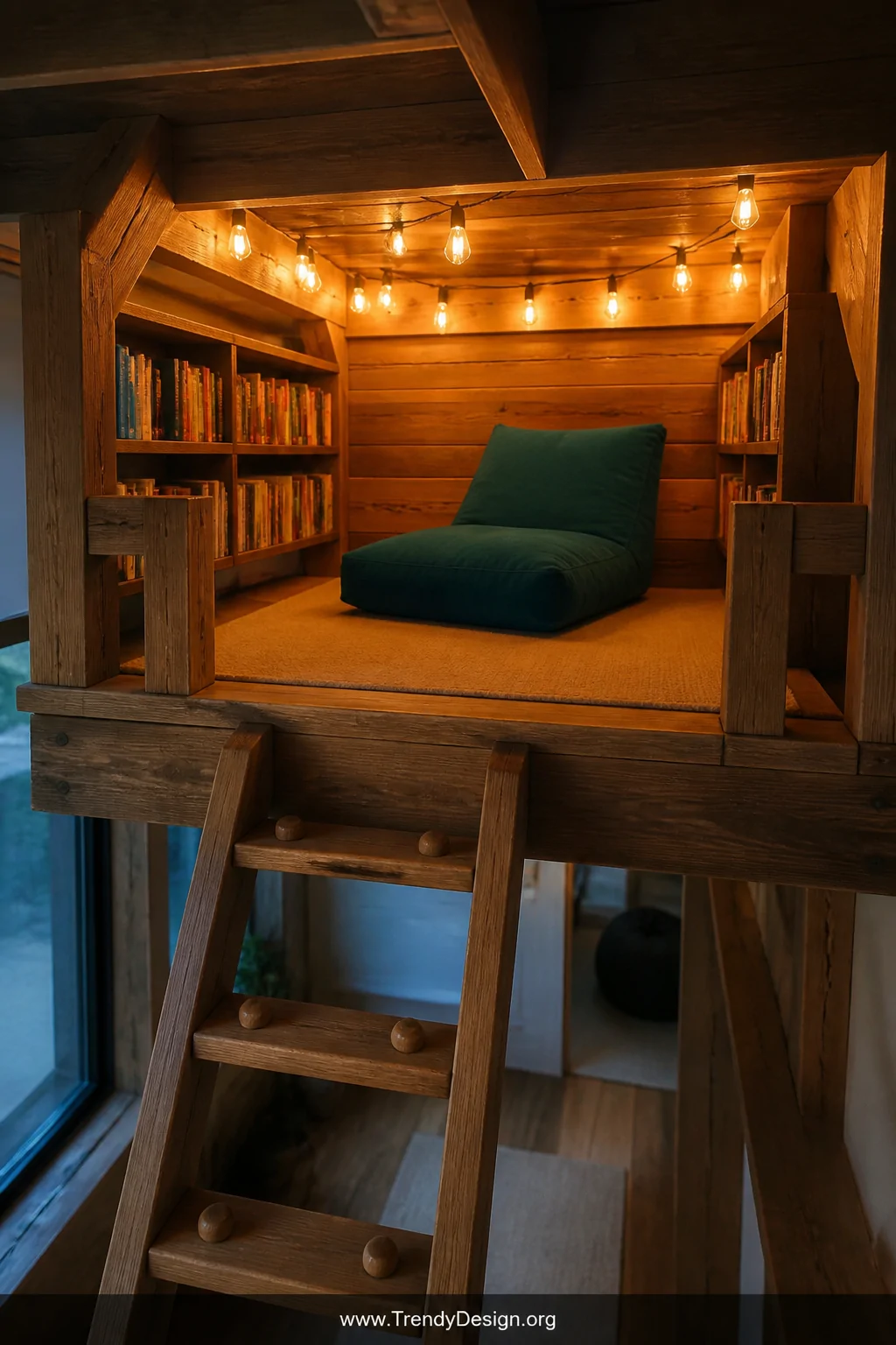 Wide-angle photorealistic interior shot of a wooden loft platform reading nook with a short ladder featuring climbing pegs, w