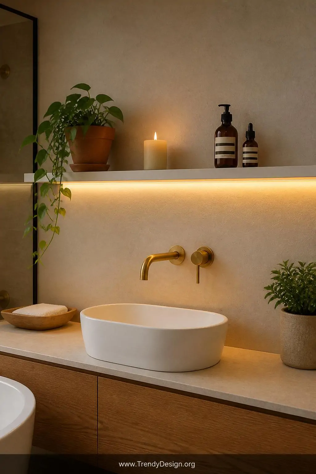 Wide shot of a minimalist bathroom with a slim white floating shelf installed above a vessel sink countertop, shelf holding a