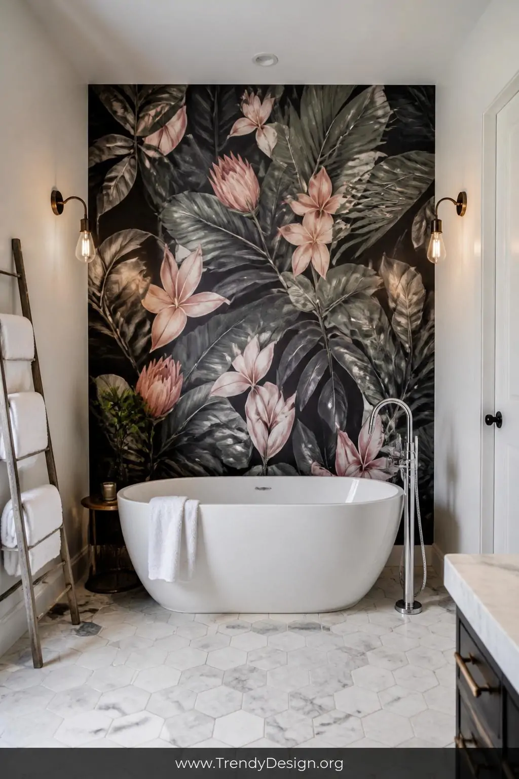A wide photorealistic interior shot of a bright bathroom with one dramatic accent wall covered in oversized botanical wallpap