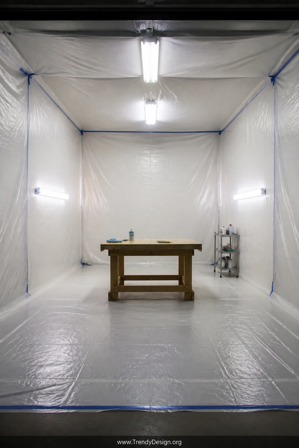 Wide interior shot of a garage converted into a DIY paint booth, lightweight translucent plastic drop cloth tarps taped seaml