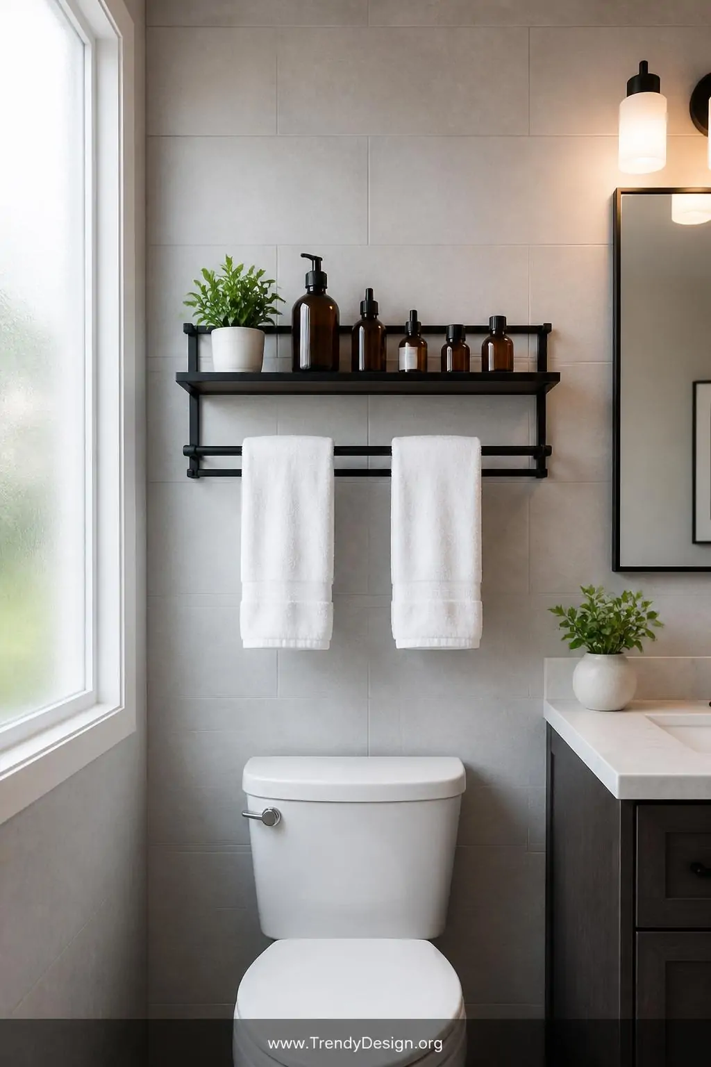 A photorealistic medium wide shot of the wall above a white porcelain toilet fitted with a sleek matte black double towel bar