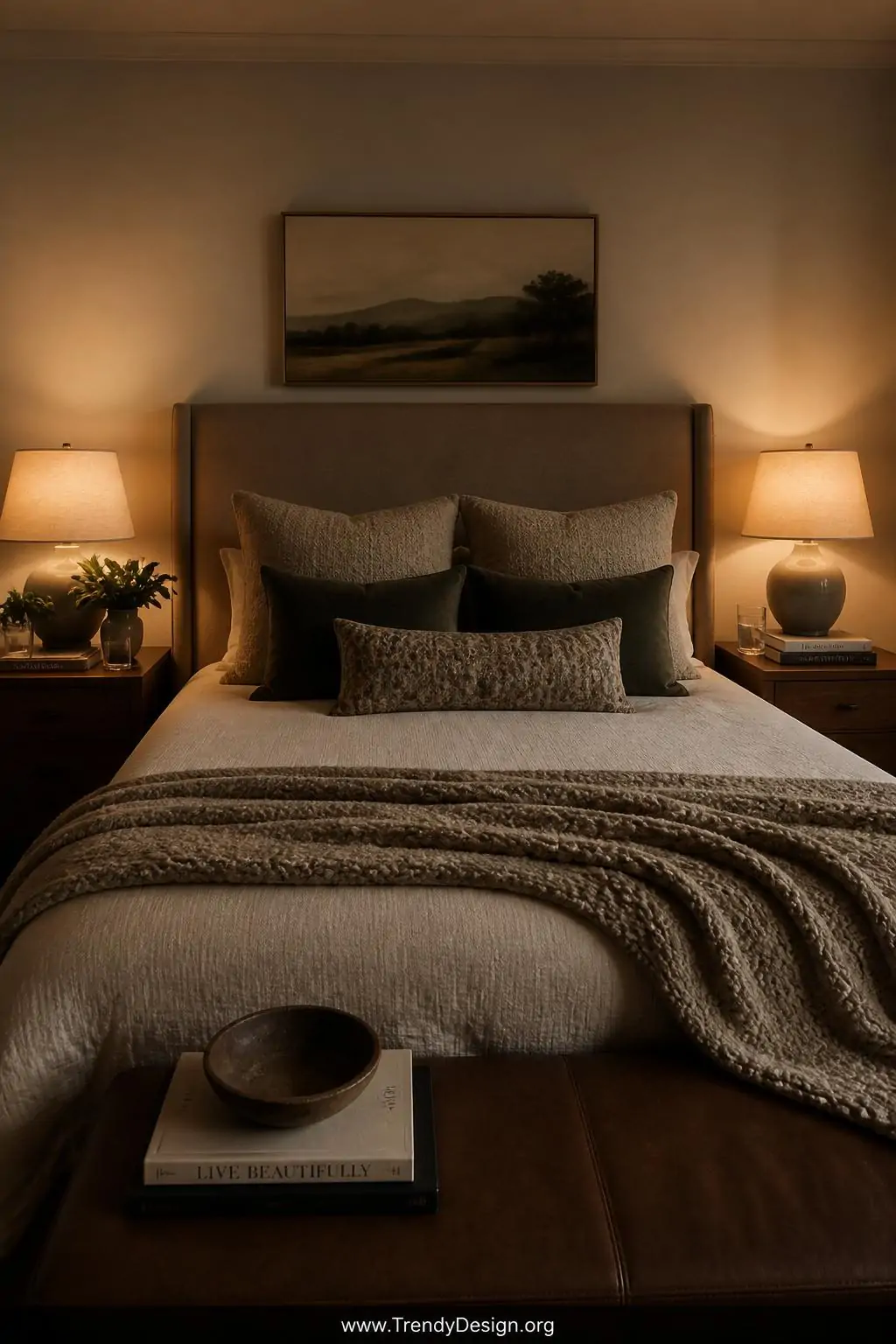 A medium shot frames a neatly styled king bed flanked by two matching ceramic base table lamps with translucent ivory linen s