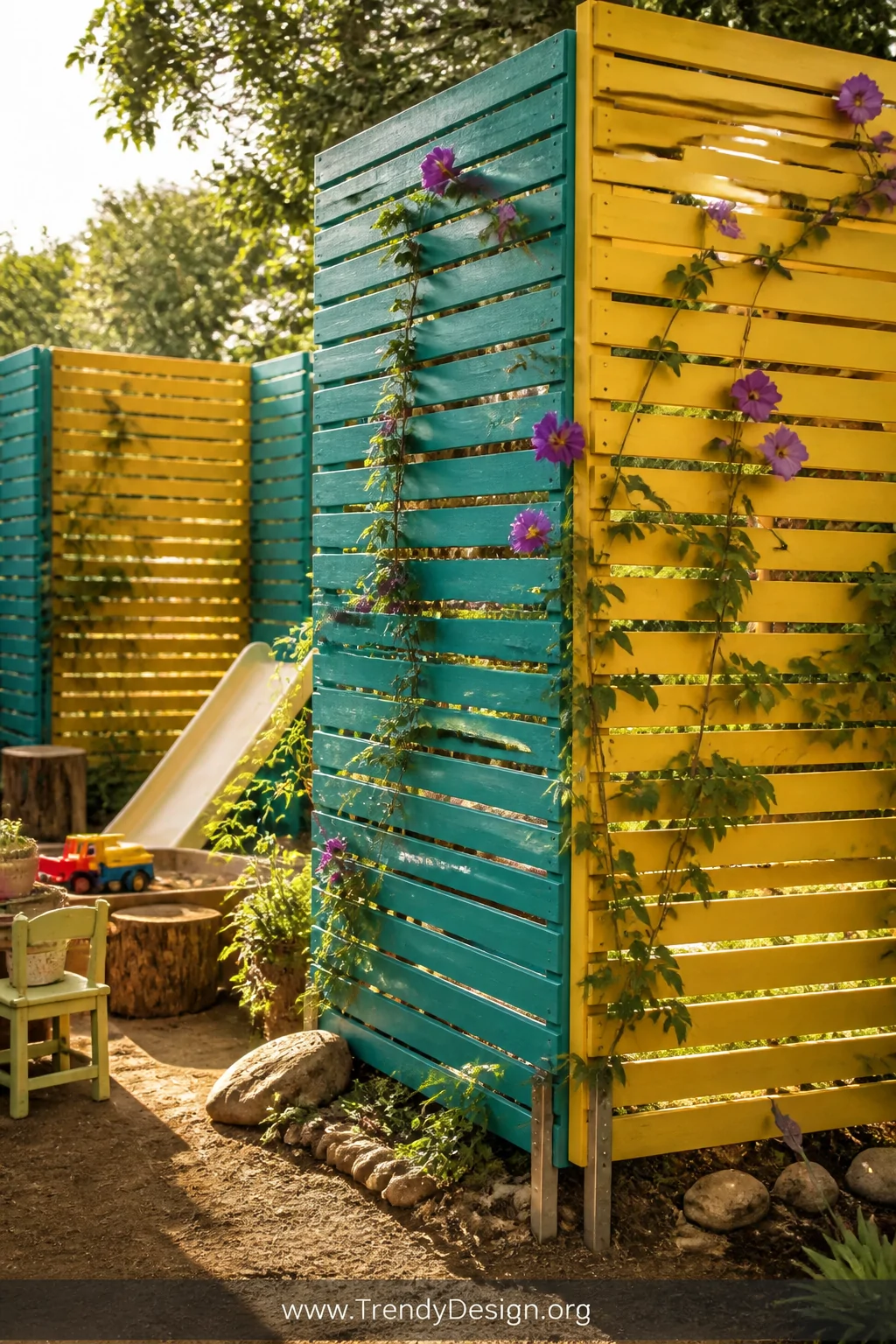 Medium photorealistic shot of vertically standing wooden pallets sanded smooth and painted in bold outdoor colors of sunshine