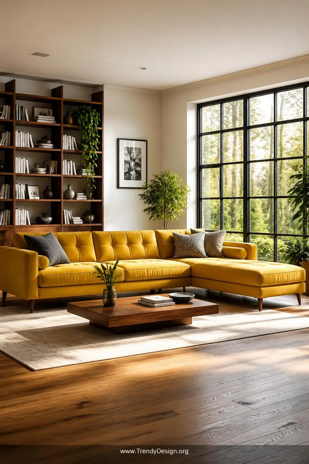 A low-profile sectional sofa in mustard yellow tufted upholstery with geometric precision and clean straight lines dominates 