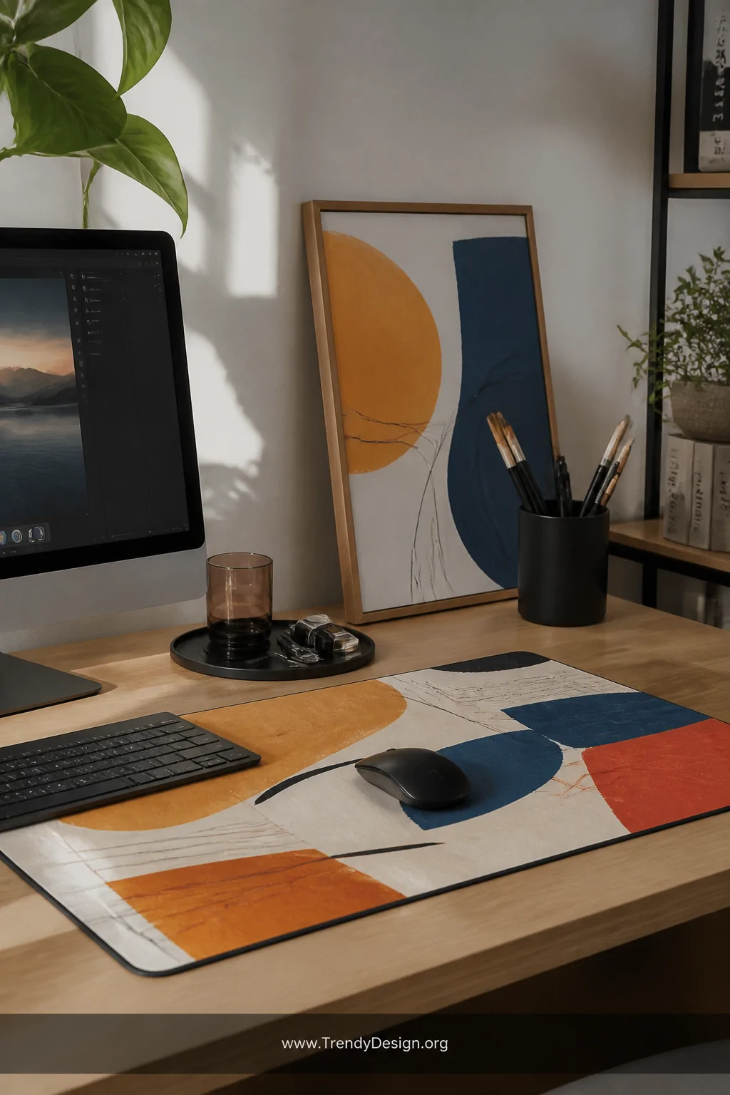 A medium shot of a bright creative workspace desk featuring an illustrated mousepad with bold abstract brushstrokes in ochre,