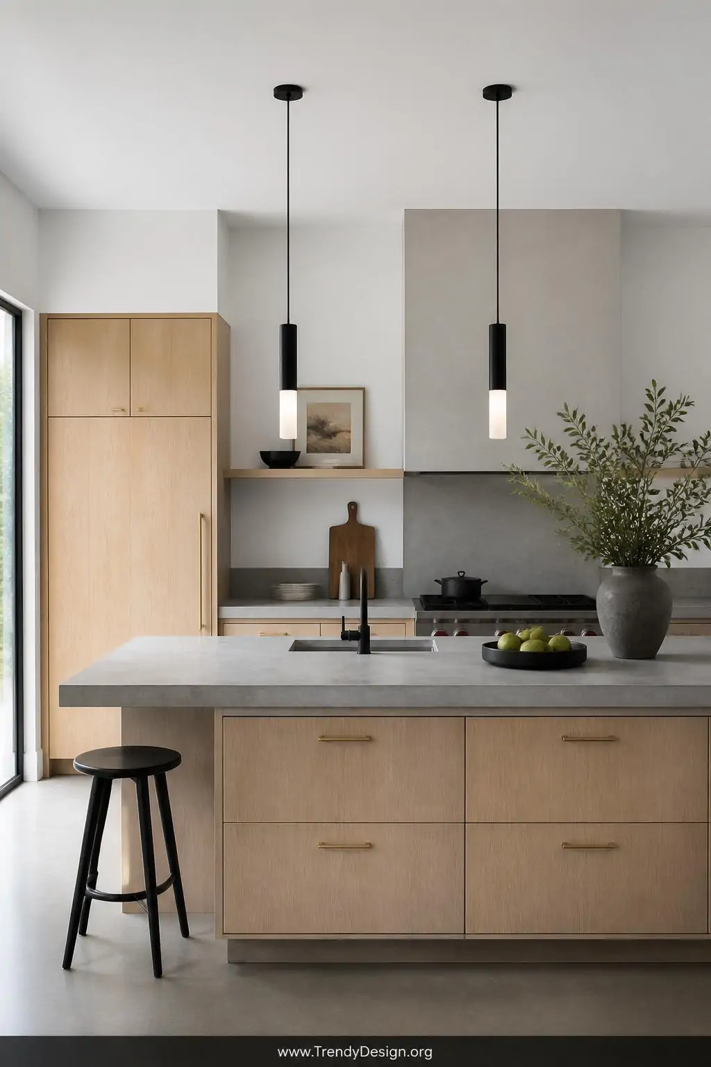 Wide-angle photorealistic interior design shot of a sleek contemporary kitchen with flat-front pale oak cabinetry, polished c