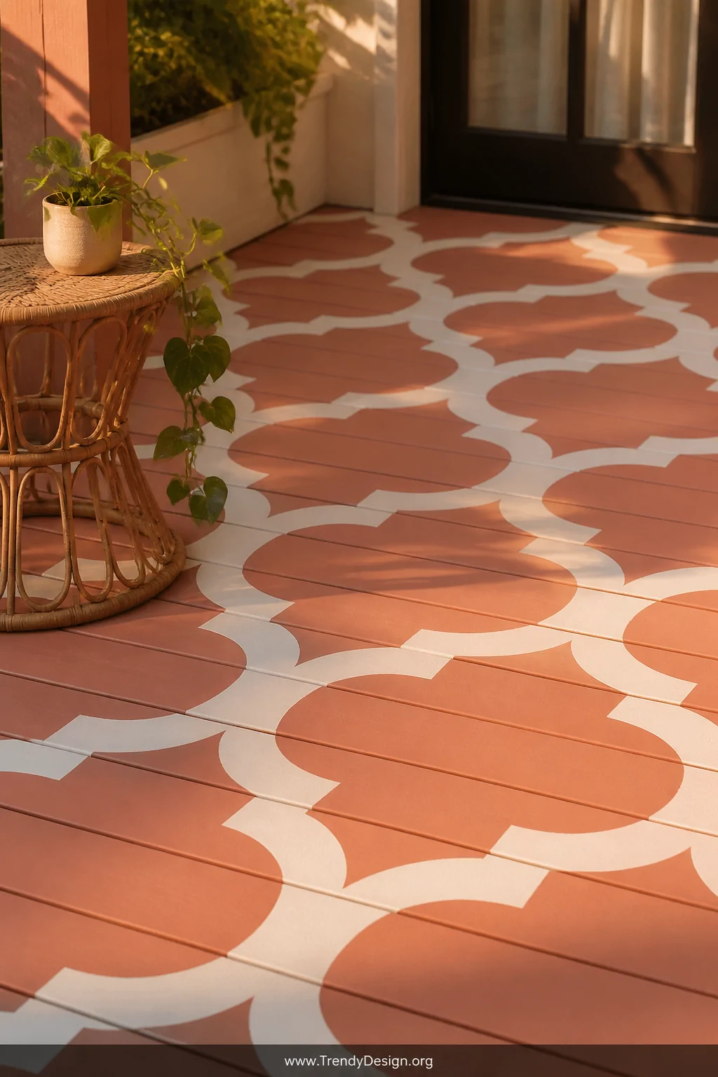 Medium wide shot of a painted deck floor featuring a bold geometric Moroccan-inspired stencil pattern in two tones   crisp wh
