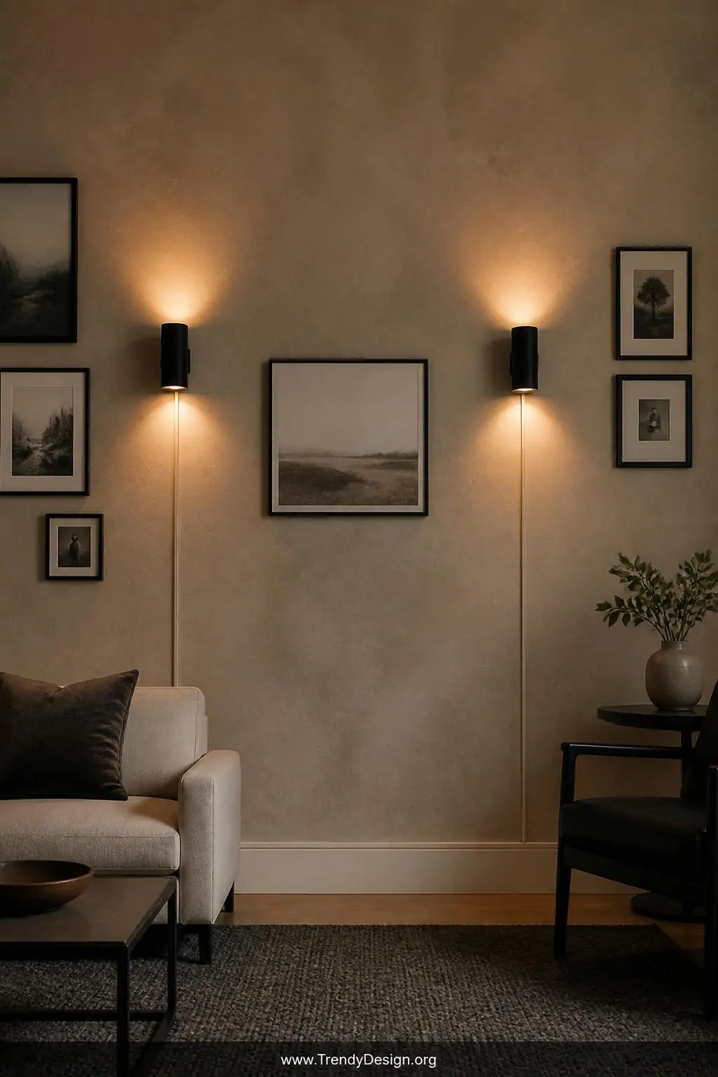 Medium shot of two plug-in matte black wall sconces mounted at sixty-five inches, washing a textured limewash plaster wall wi