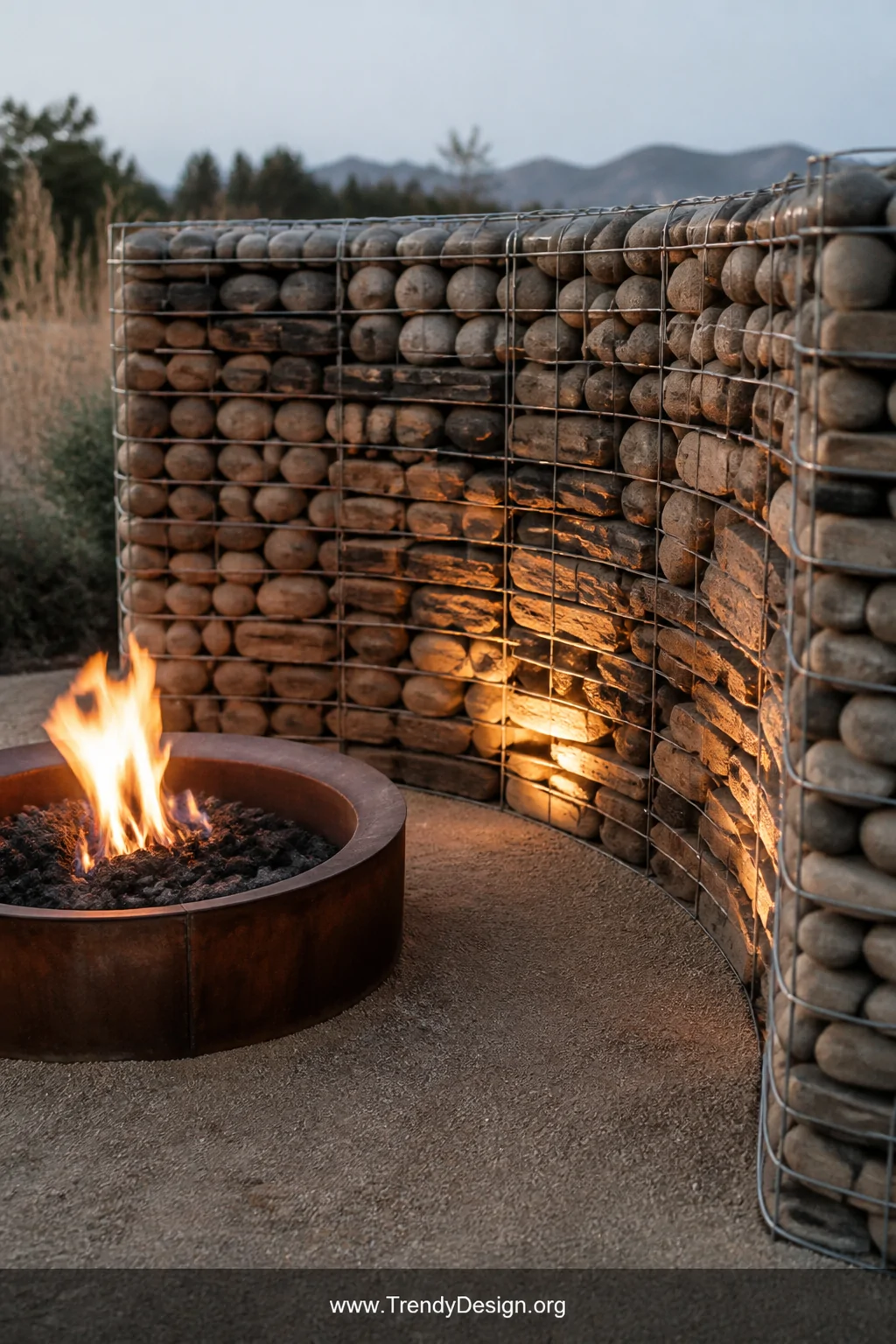Medium photorealistic closeup of a curved U-shaped gabion wall surrounding a fire pit area, galvanized wire cages tightly pac