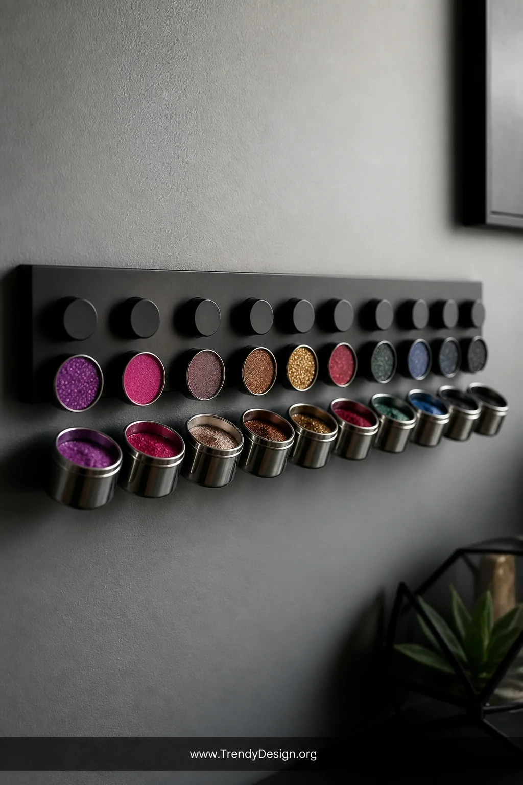 A medium shot of a sleek matte black magnetic knife strip mounted on a light gray wall, small round magnetic pods and metal-b