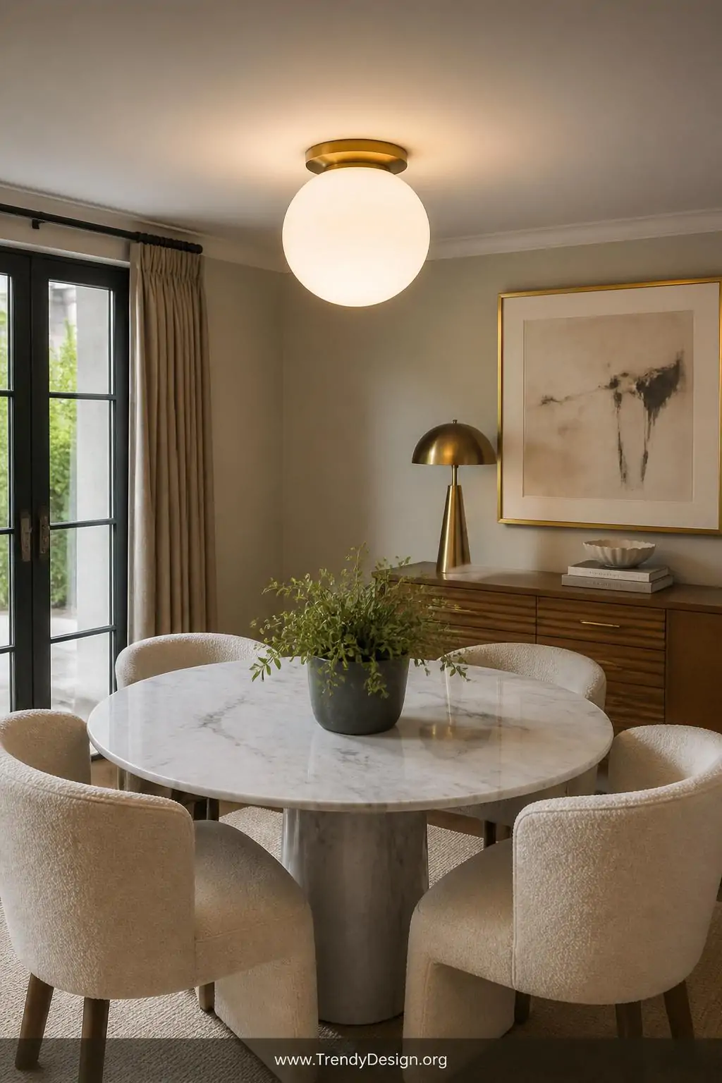 Medium photorealistic interior design shot of an elegant dining space with a frosted globe semi-flush mount pendant dropping 