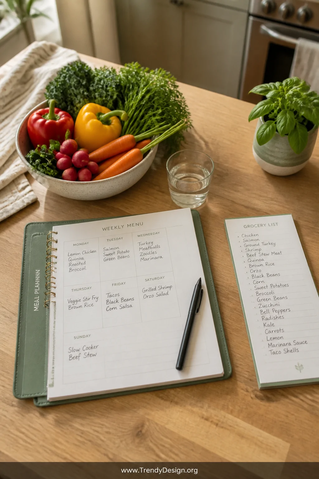 A medium overhead shot of a Sunday kitchen planning scene on a light oak butcher-block countertop, featuring an open planner 