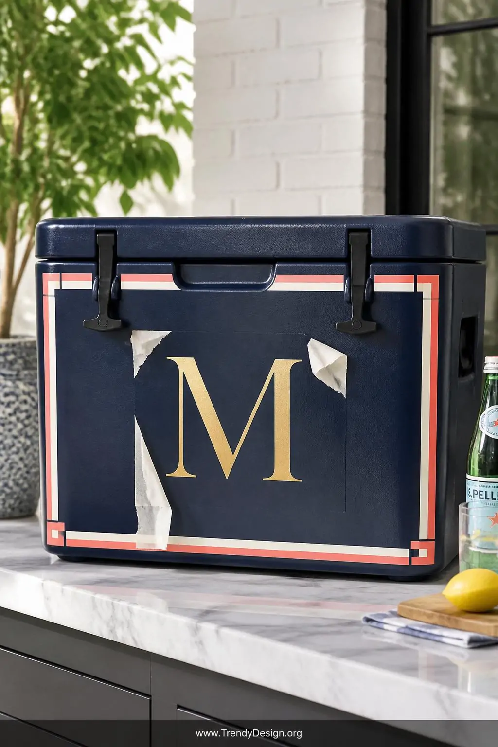 A navy blue cooler with a crisp gold monogram letter stenciled dead center using a foam roller finish, adhesive stencil edges