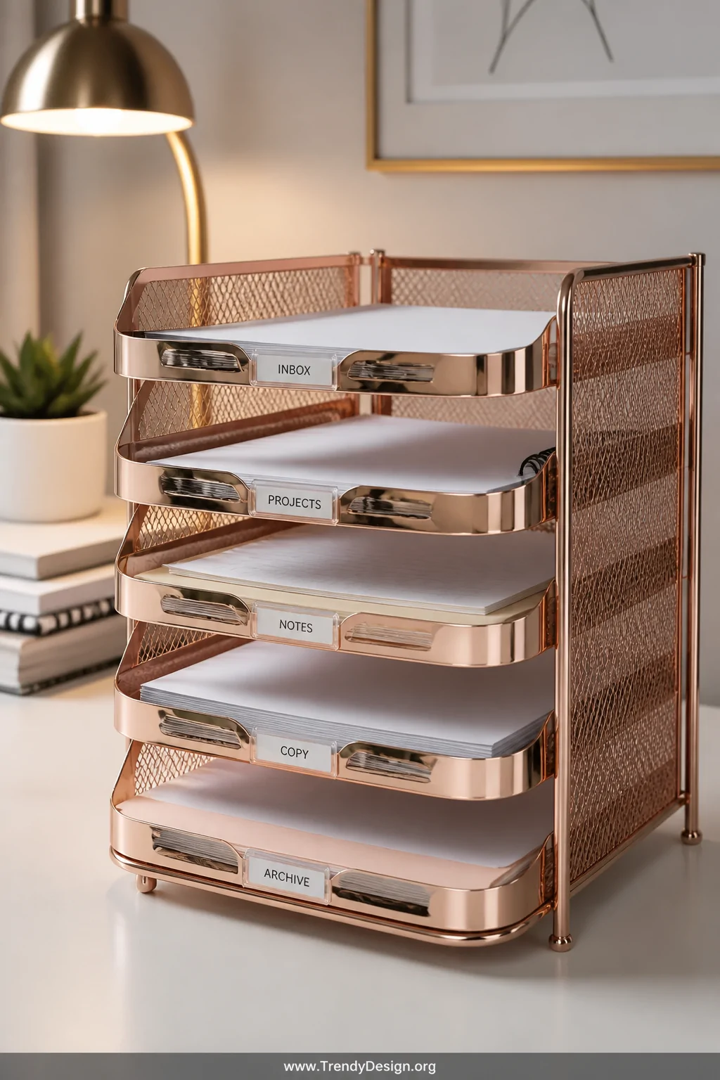 Close-up detail shot of a sleek rose gold five-tiered metal paper tray tower sitting on a clean white desktop, each tray hold