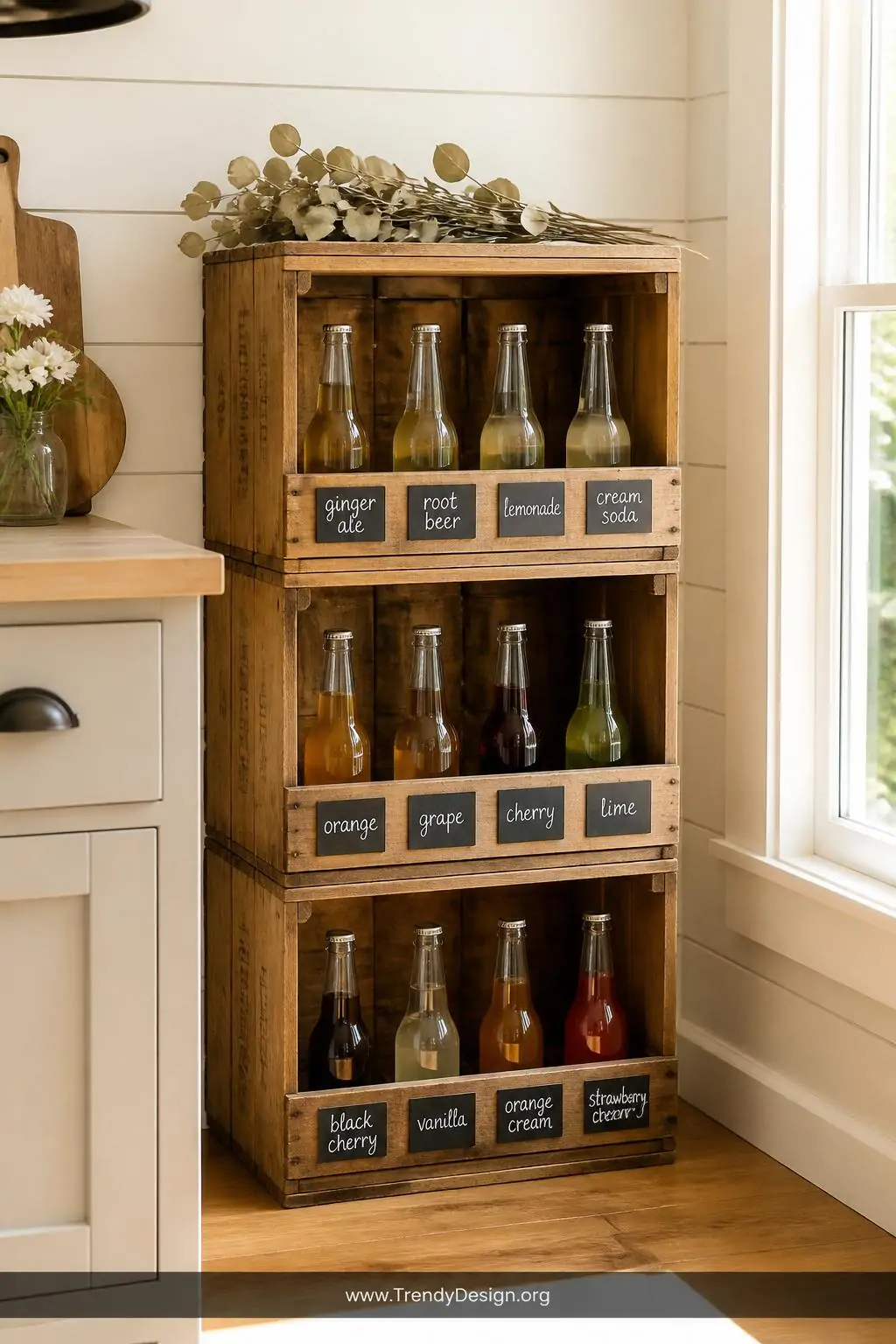 Three weathered pine wooden crates stacked on their sides and secured together stand against a white shiplap farmhouse kitche
