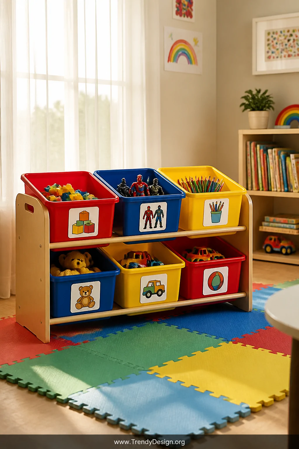 Medium shot of a colorful children's playroom featuring a low-profile modular stacking bin station at child's eye level, bins