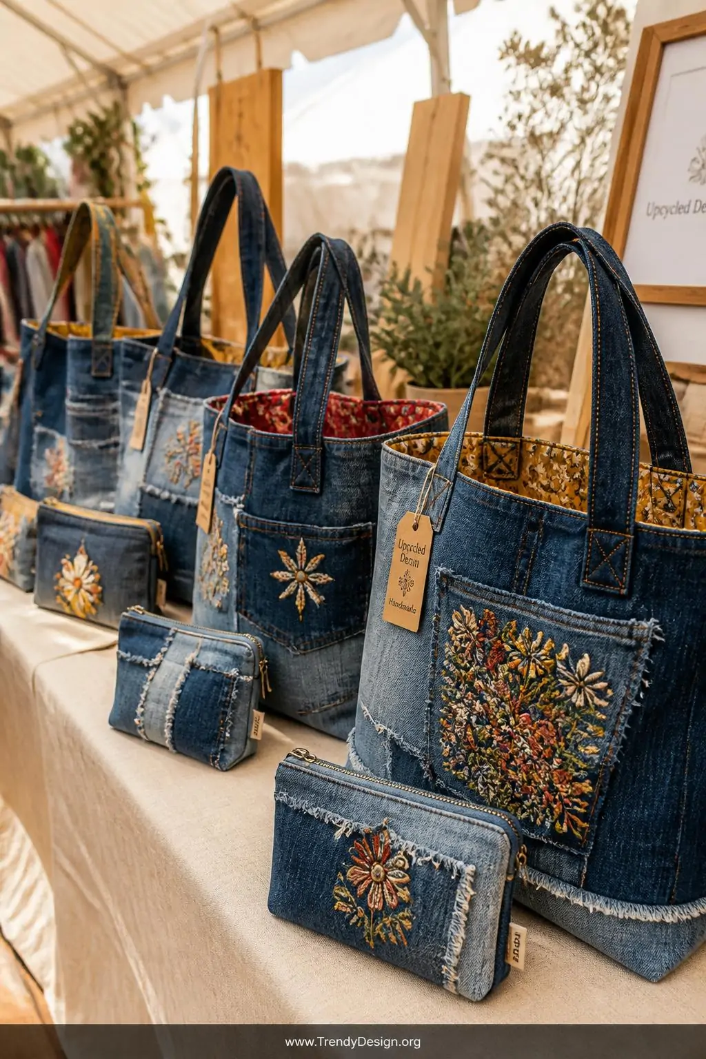 A medium shot of a sunlit craft fair display table covered in a natural linen cloth showcasing upcycled denim tote bags sewn 