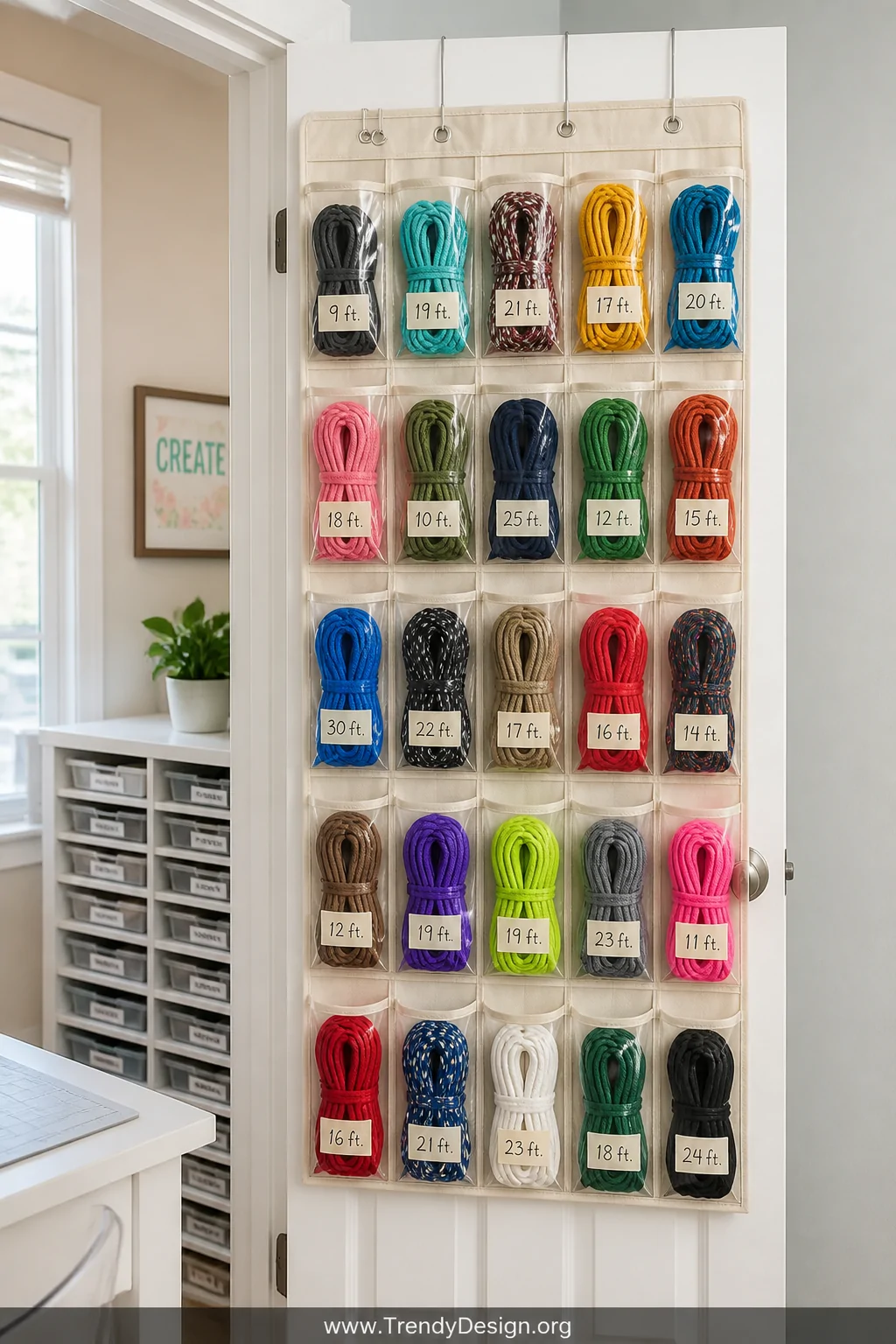Medium shot of the inside of a bright craft room door fitted with a fabric over-the-door shoe organizer in natural canvas, ea