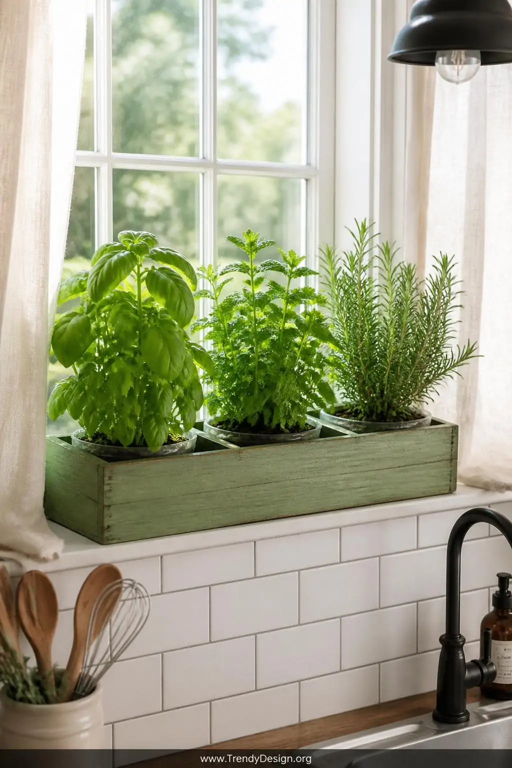Medium photorealistic interior shot of a bright kitchen windowsill bathed in soft morning daylight, featuring a rustic rectan