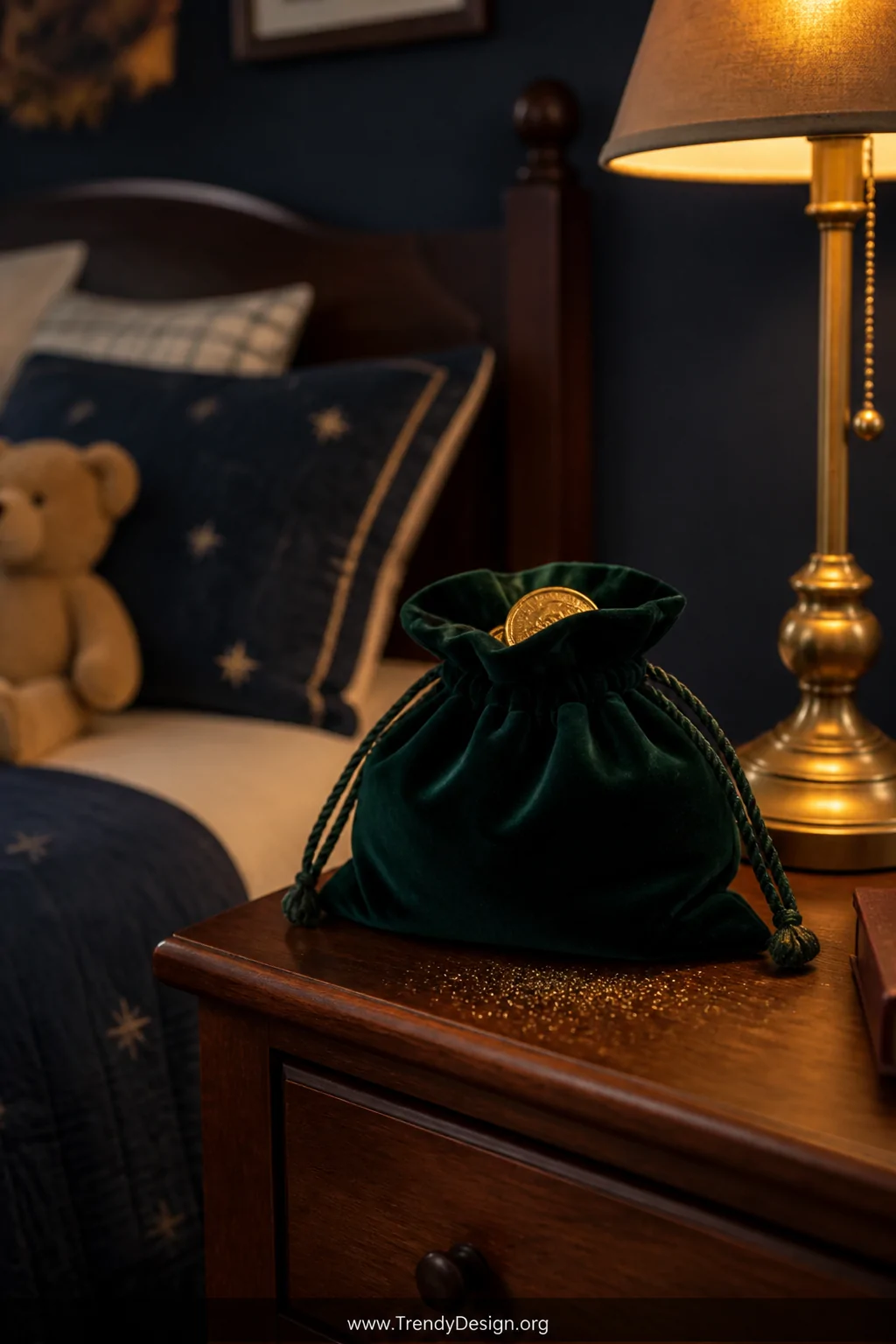 Medium styled shot of a deep emerald green velvet drawstring pouch resting on a child's wooden nightstand beside a small bras