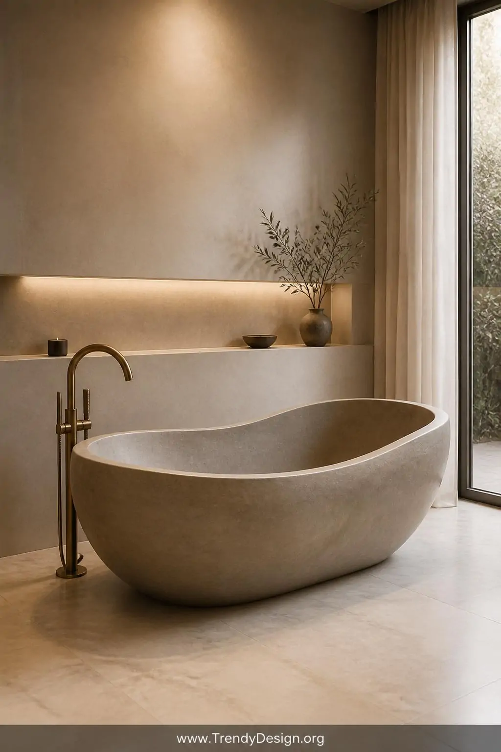 Medium shot of a luxury spa-like bathroom showcasing a sculptural stone resin freestanding bathtub with an organic matte taup