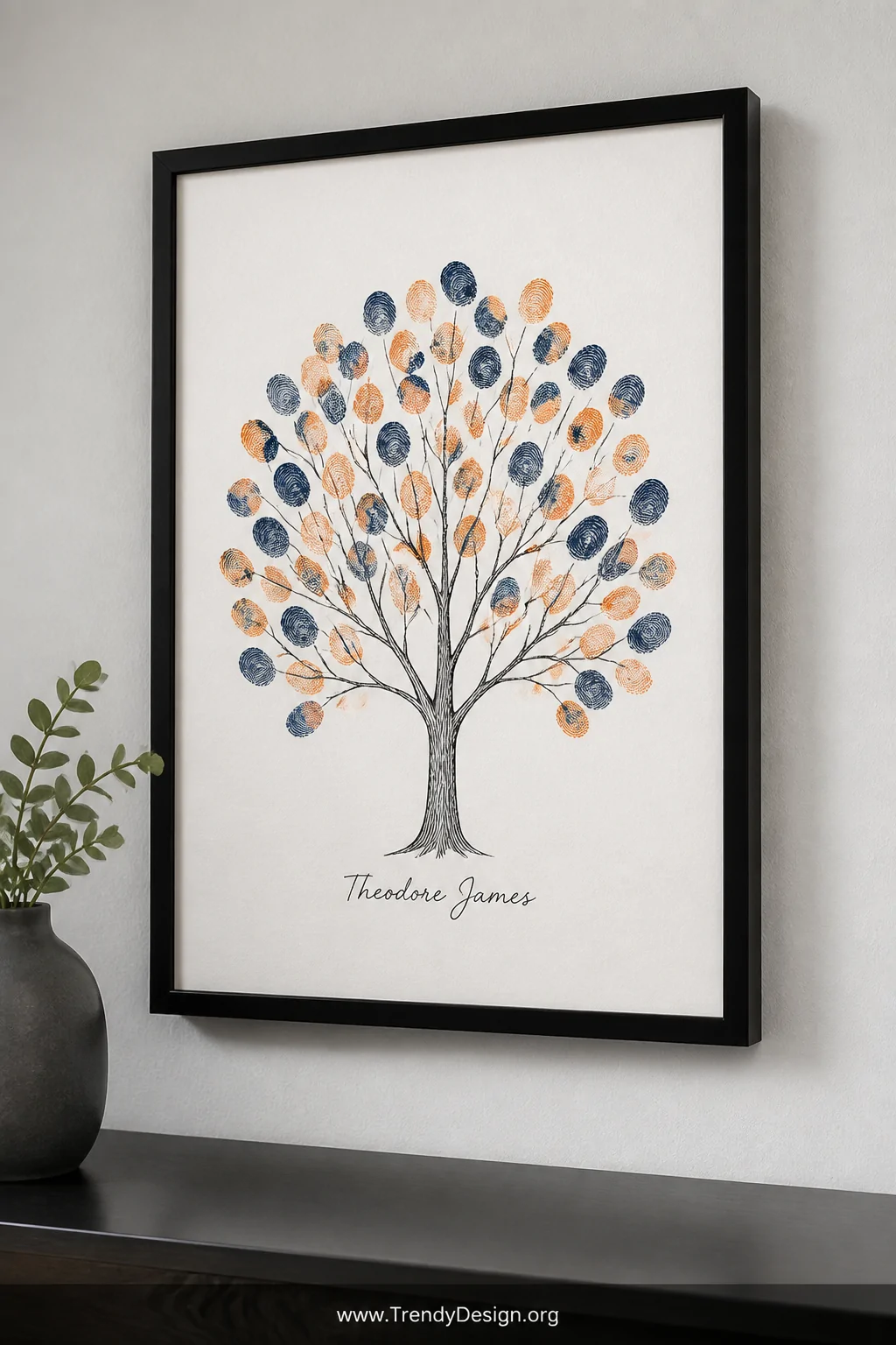 A simple black frame on a light gray gallery wall displaying white cardstock art covered in tiny baby fingerprints rendered i