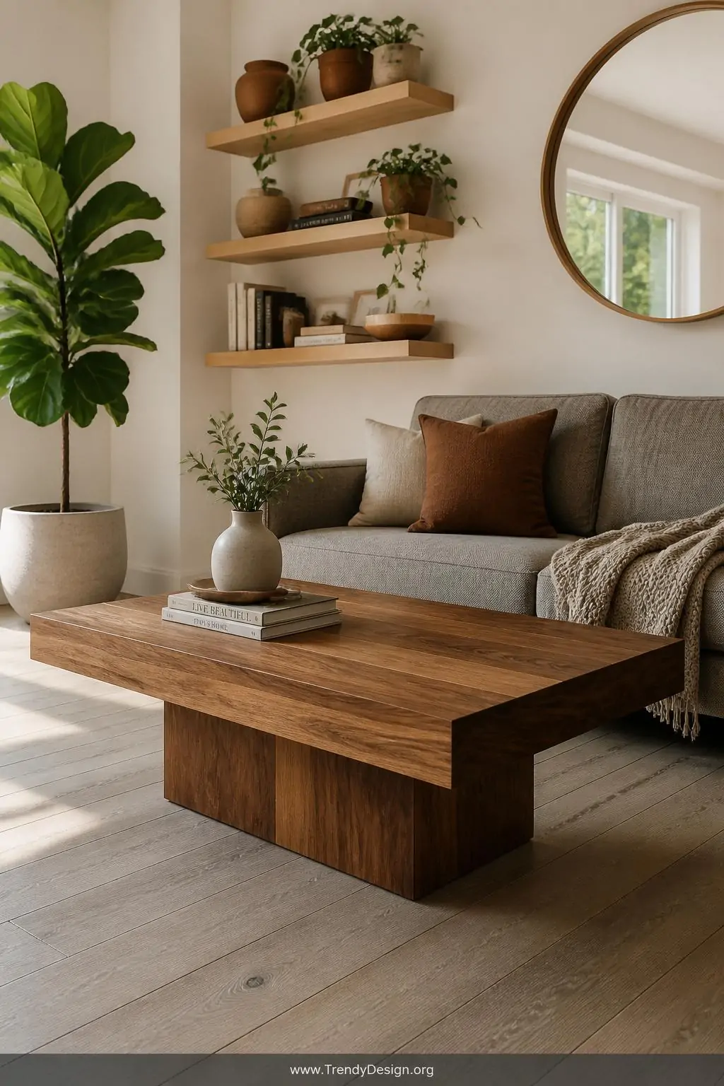 Medium photorealistic interior photograph centered on a stunning solid walnut coffee table as the room's focal point, sitting