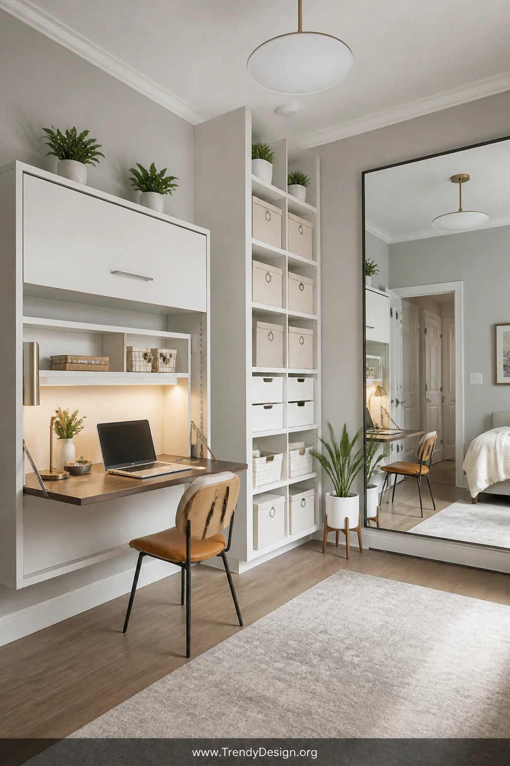 Wide shot of a compact room featuring a fold-down secretary-style wall desk in the open position, a tall white shelving unit 