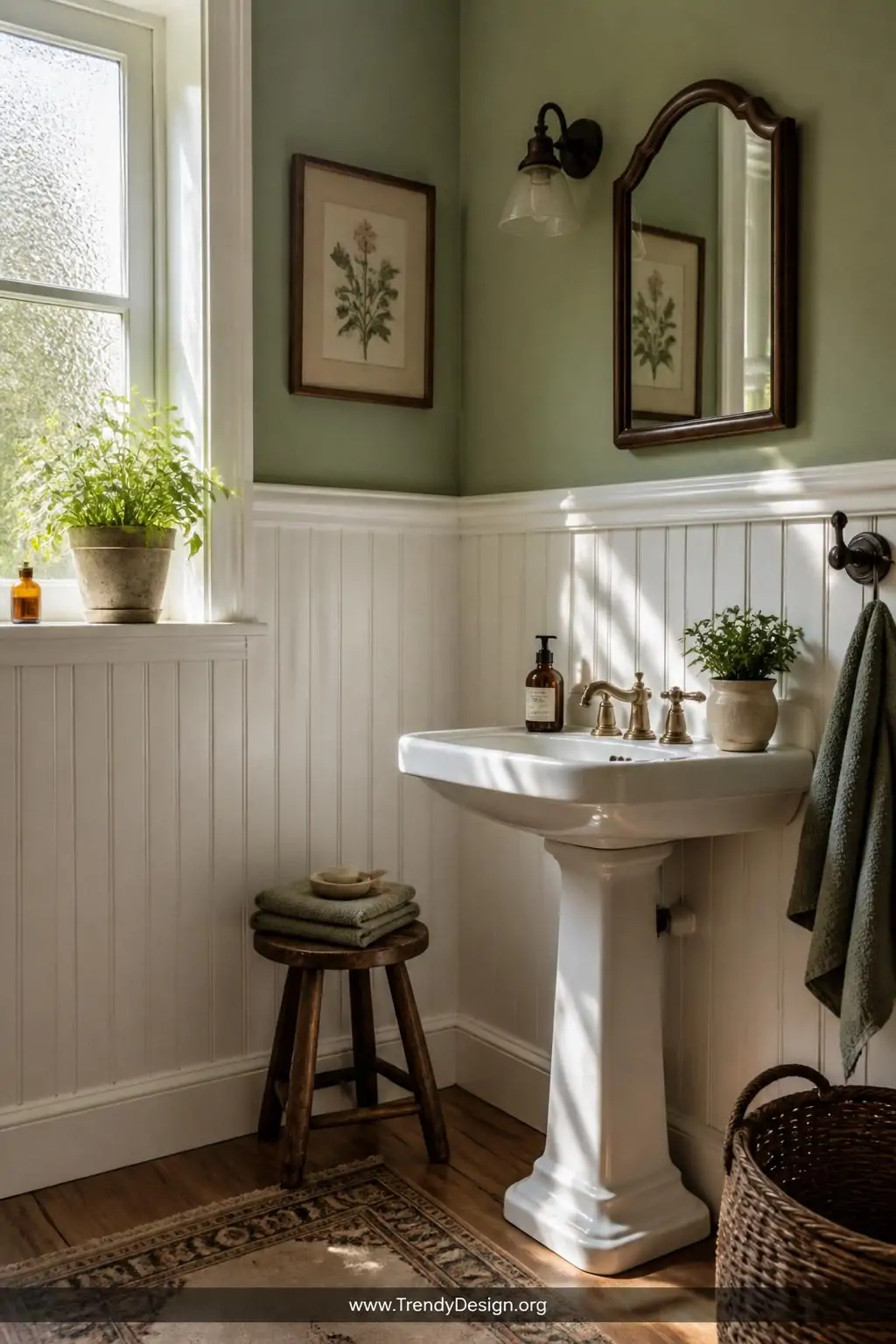 A wide-shot photorealistic interior design photograph of a cozy vintage cottage bathroom with crisp white beadboard wainscoti