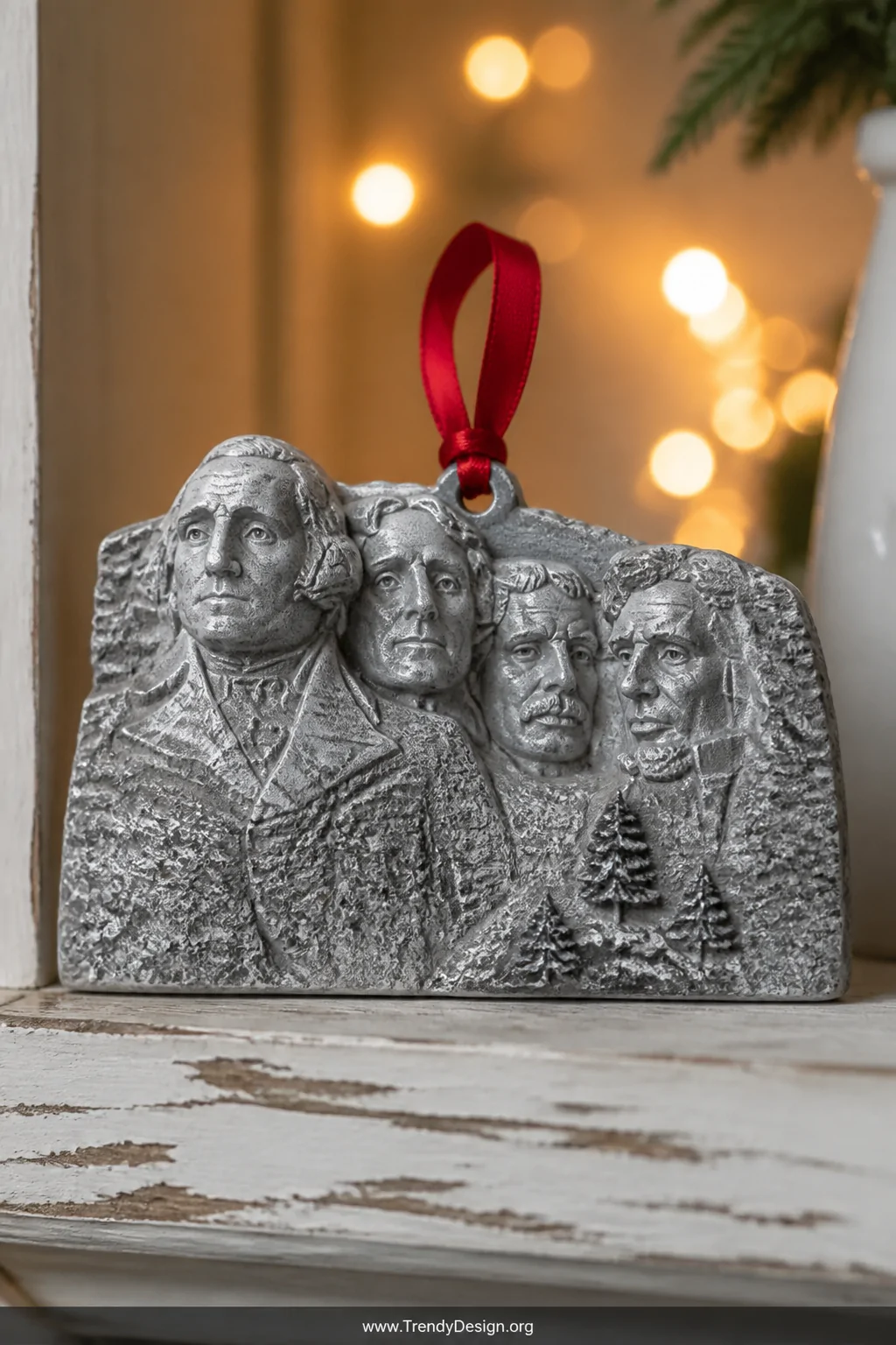 A close-up detail shot of a small salt dough Mount Rushmore relief ornament resting on a weathered white wood shelf, painted 