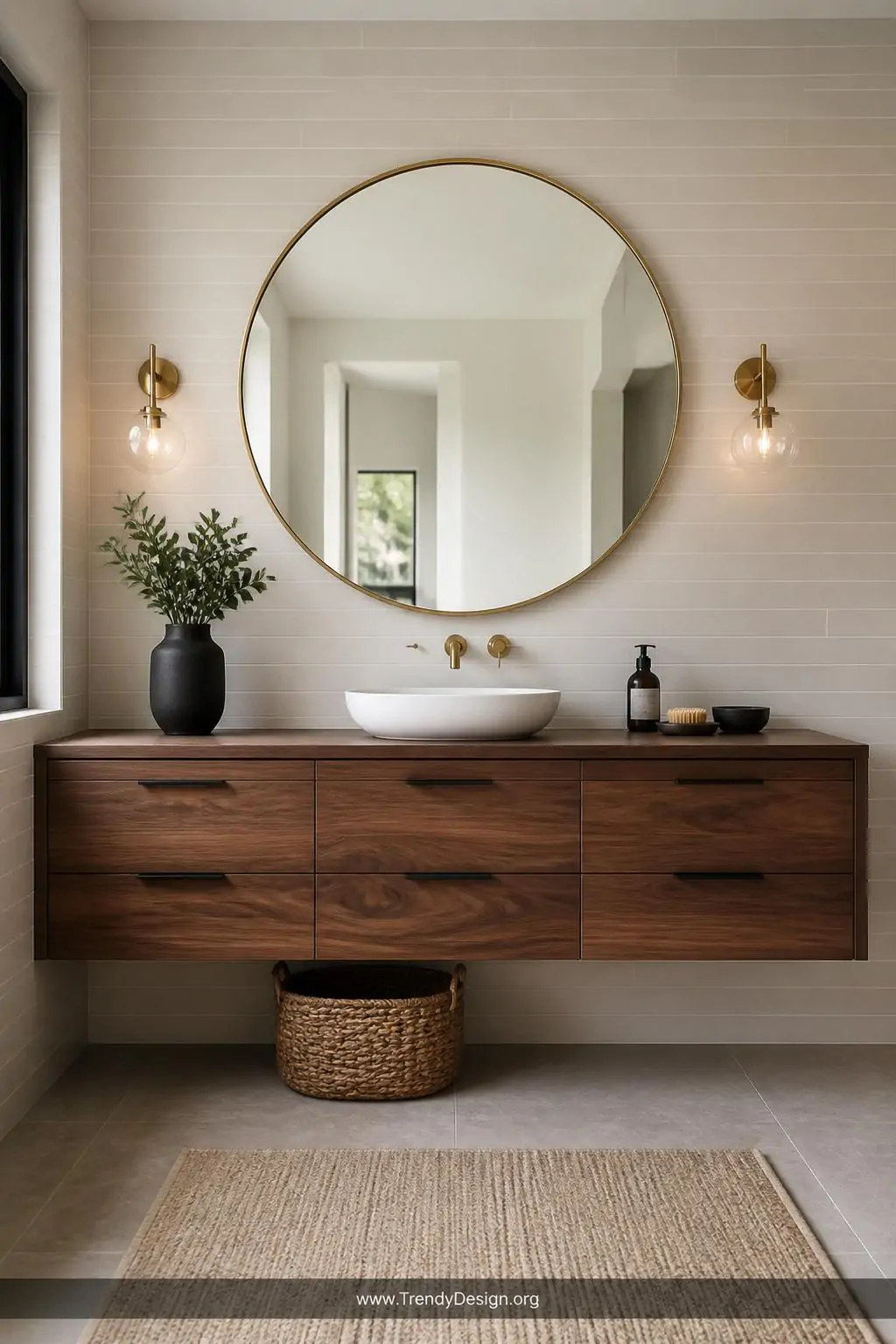 A large round mirror with a slender brushed brass frame centered above a floating walnut vanity, its circular silhouette brea