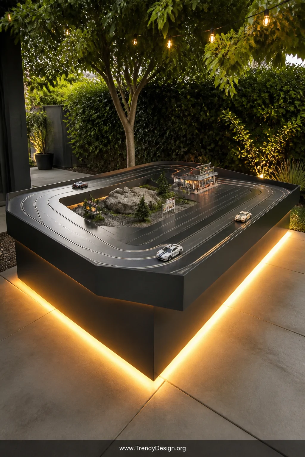 A raised wooden slot car racing platform at table height in a backyard setting, built from smooth painted plywood panels in g