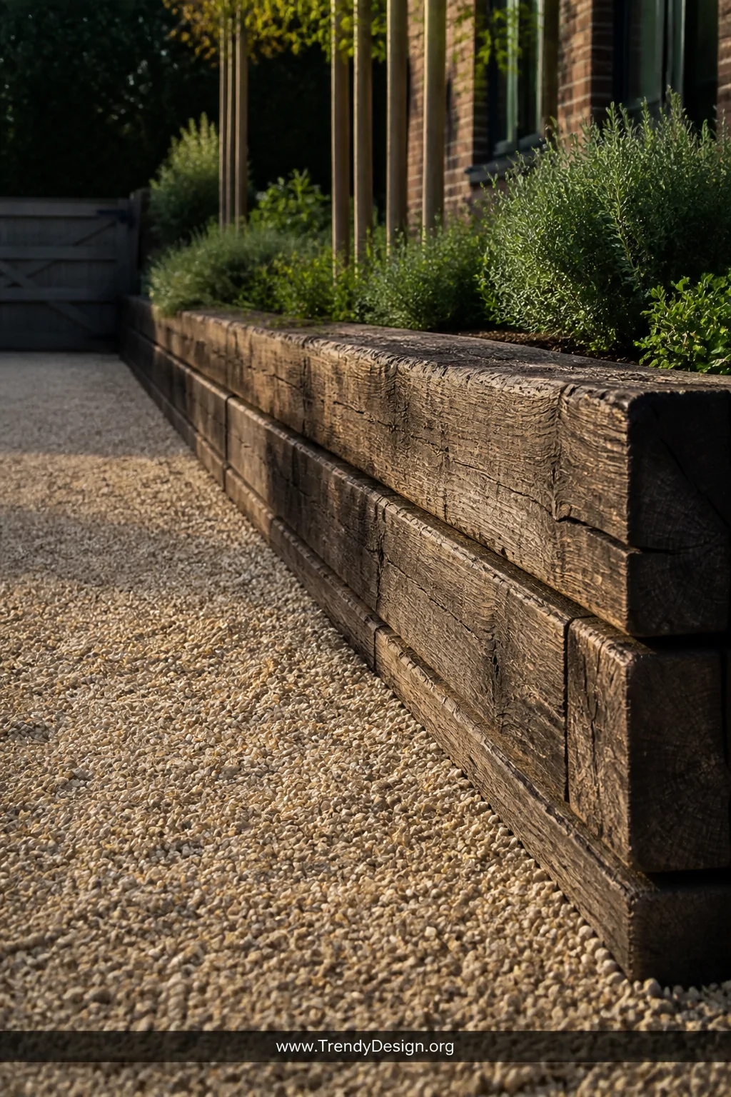 A medium shot of chunky double-stacked reclaimed railway sleepers edging a gravel driveway, the dark weathered oak timber sho