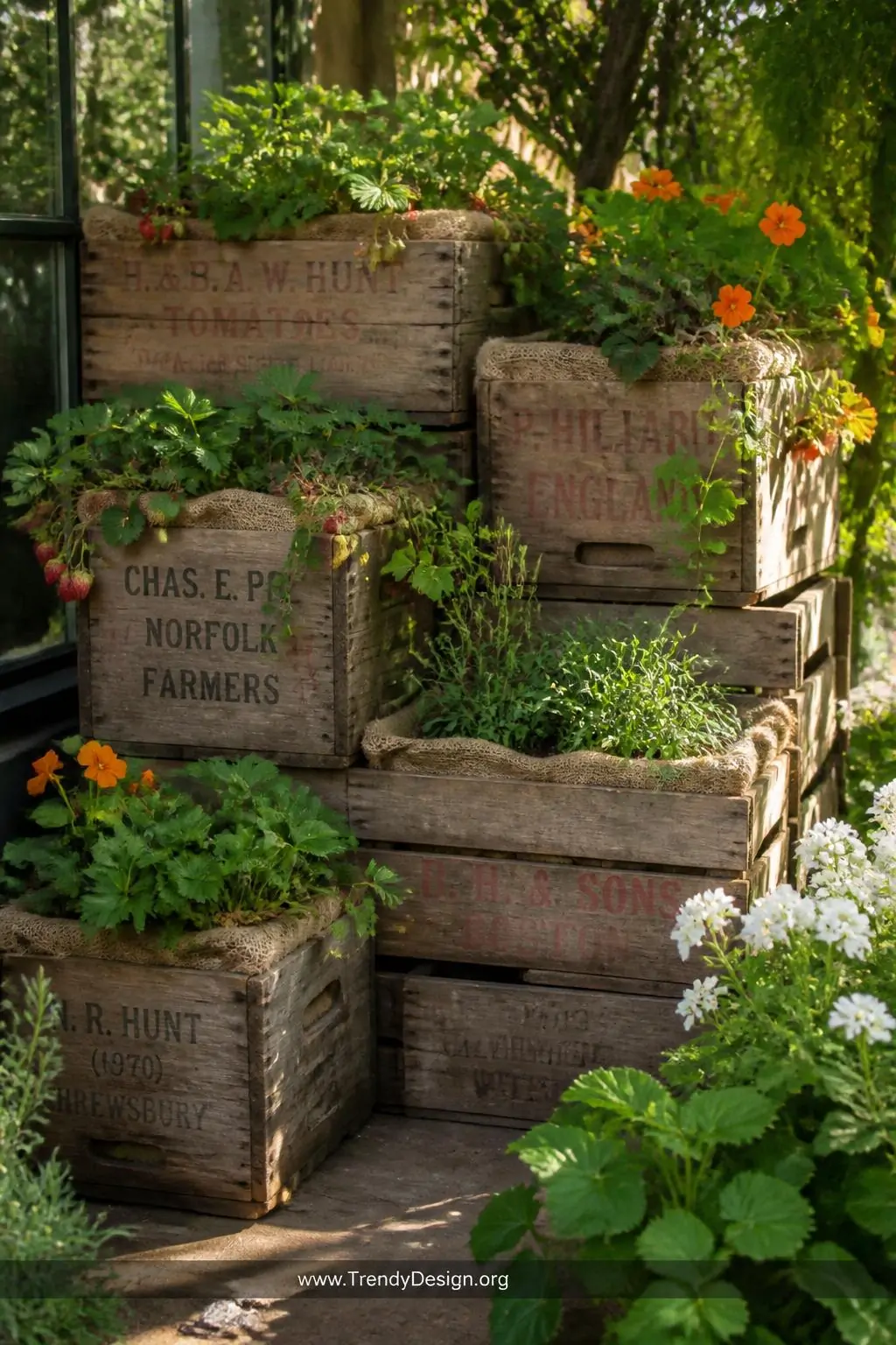 A medium photorealistic shot of stacked vintage wooden wine crates and apple boxes at varying heights forming a charming rust